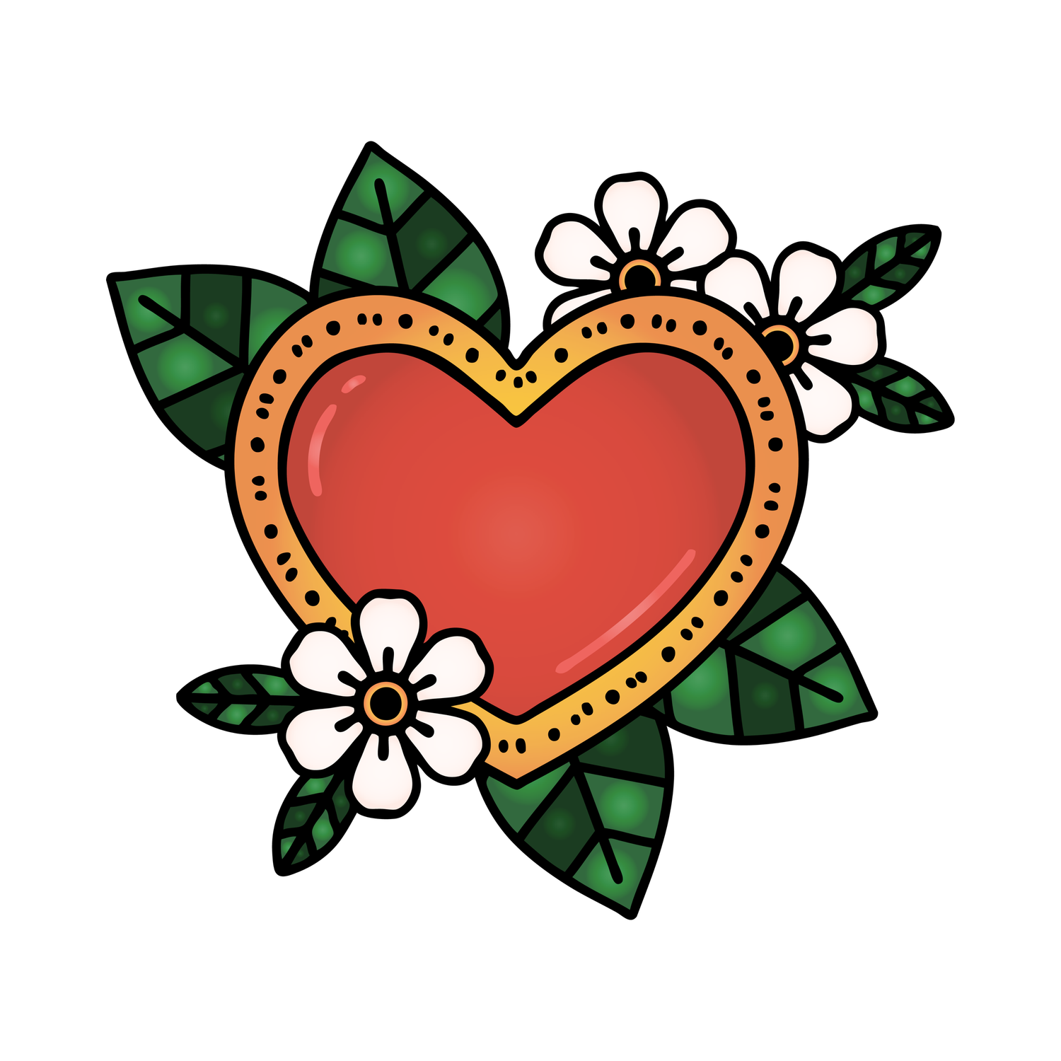 Traditional tattoo-style red heart with gold border, white flowers, and green leaves decorative illustration.