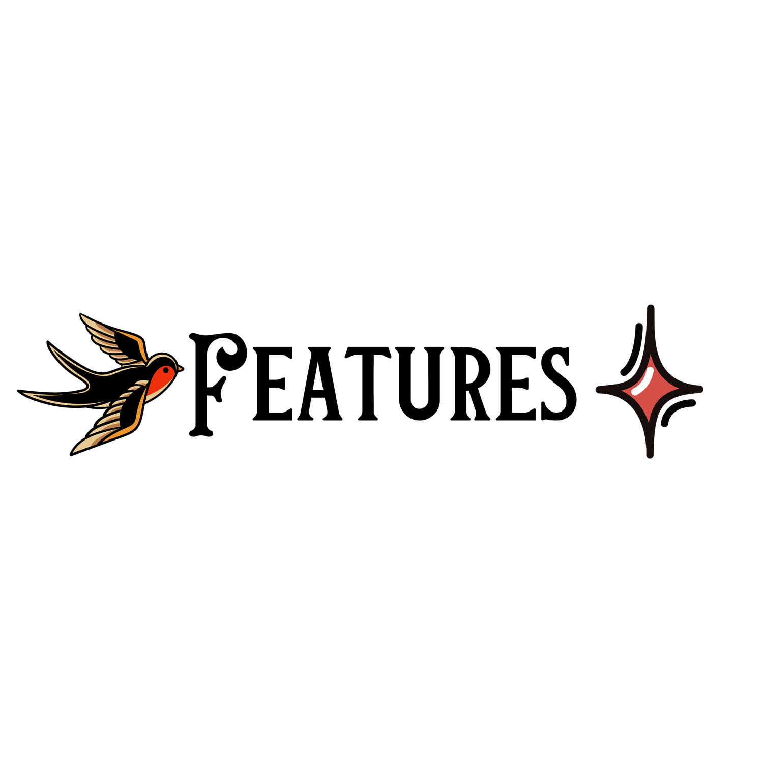 Features logo with a swallow bird and decorative star, displayed in vintage tattoo style typography on white background.