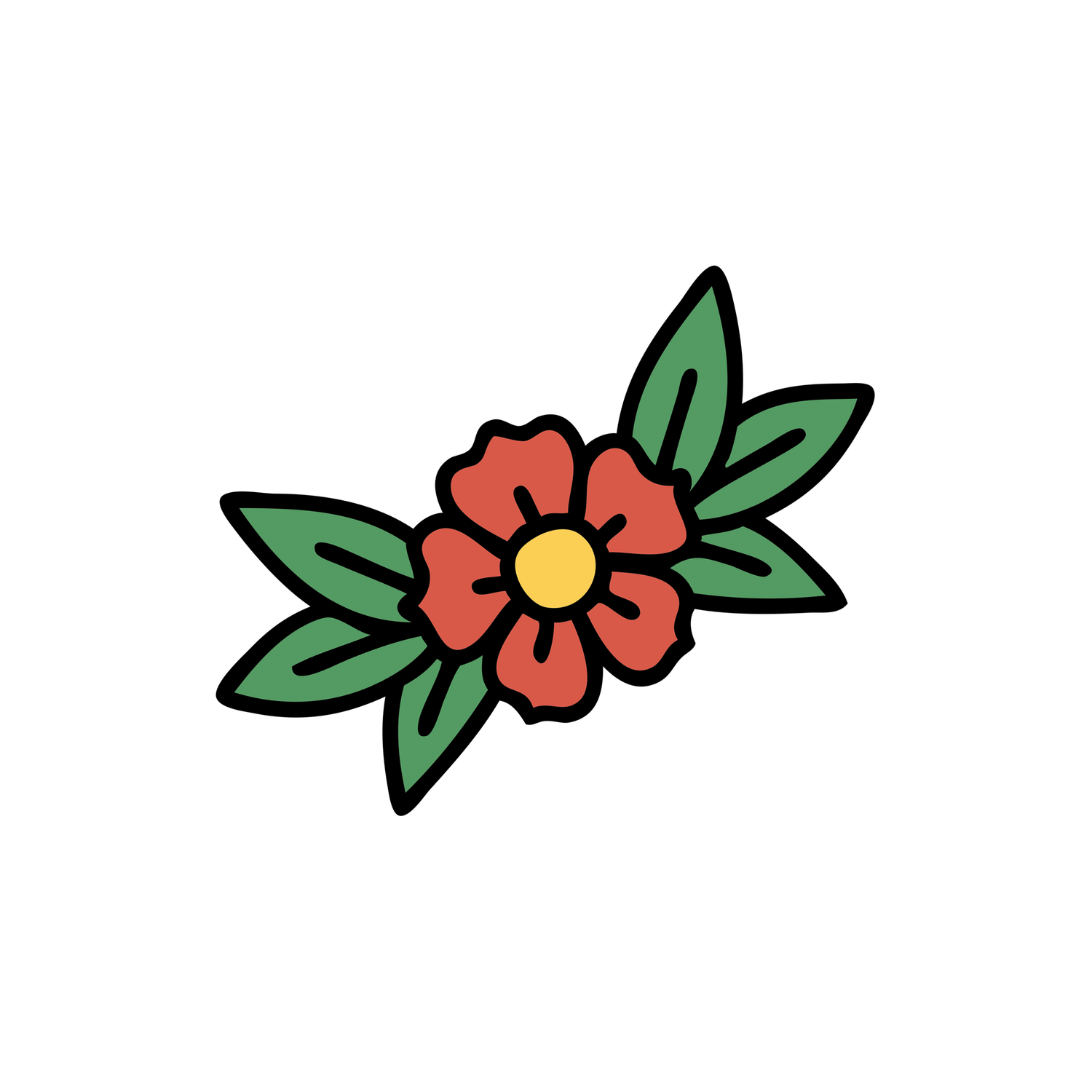 Red flower with yellow center and green leaves, bold outline tattoo style illustration on white background.