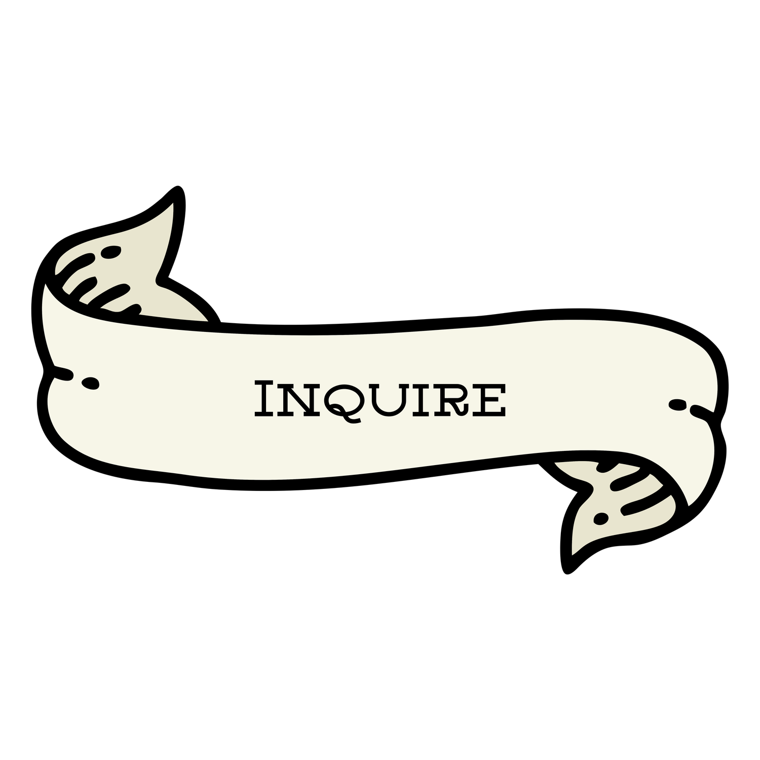 Vintage ribbon banner with cursive Inquire text in classic tattoo style illustration on white background.