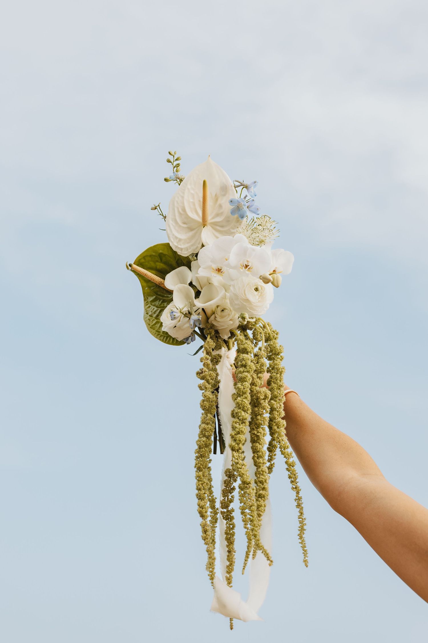 Hand holding a bridal bouquet with white anthuriums, orchids, and trailing green amaranthus against a blue sky.
