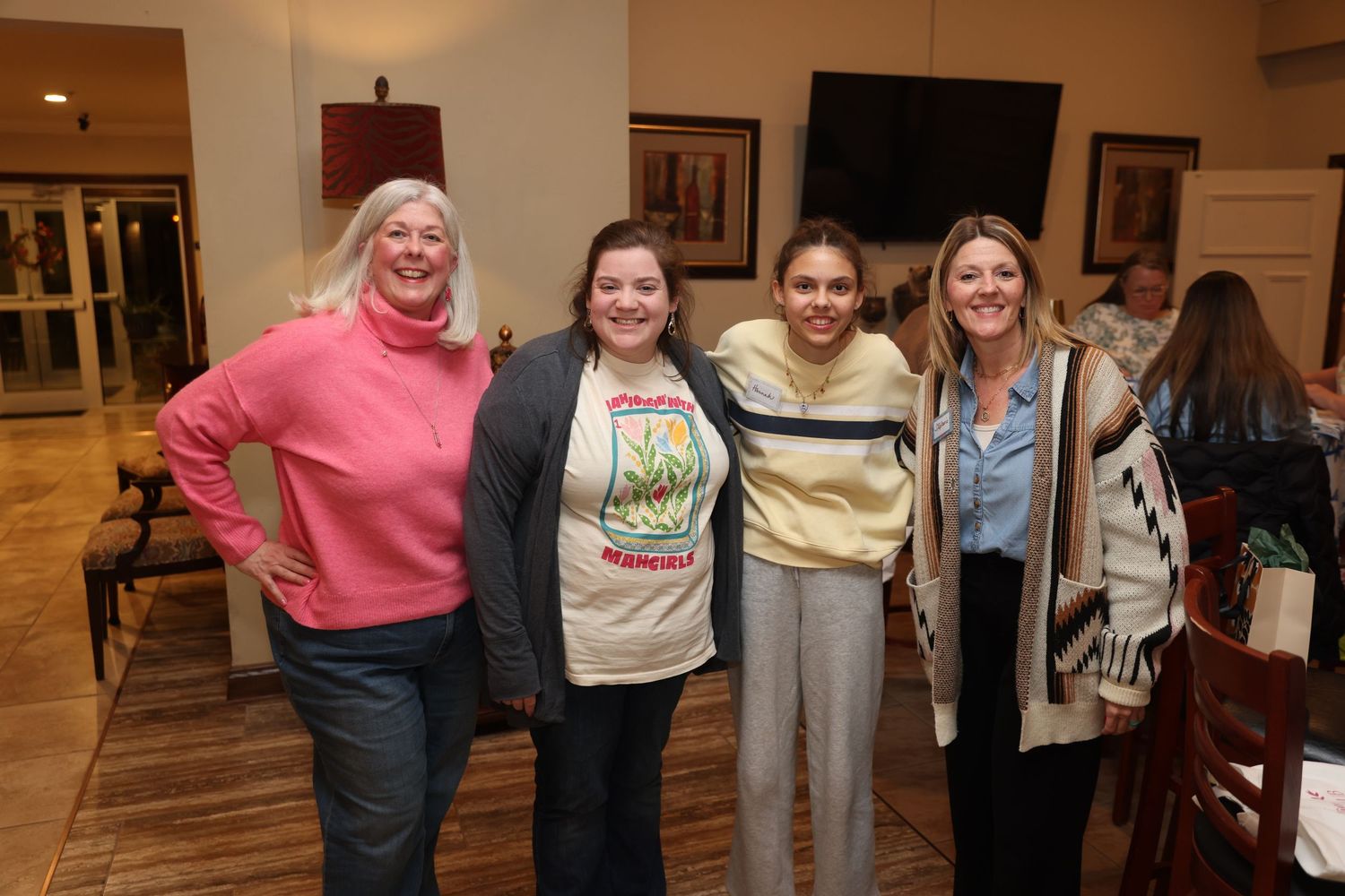 A series of connected photos showing people gathered in an indoor space with warm lighting and casual attire.