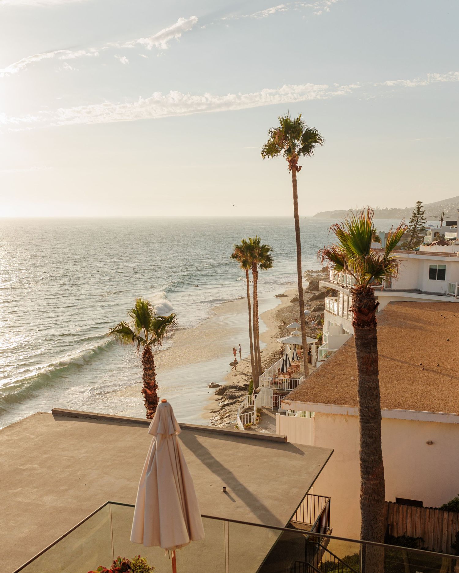 Scenic beachfront view with palm trees and coastal homes at golden hour in California.