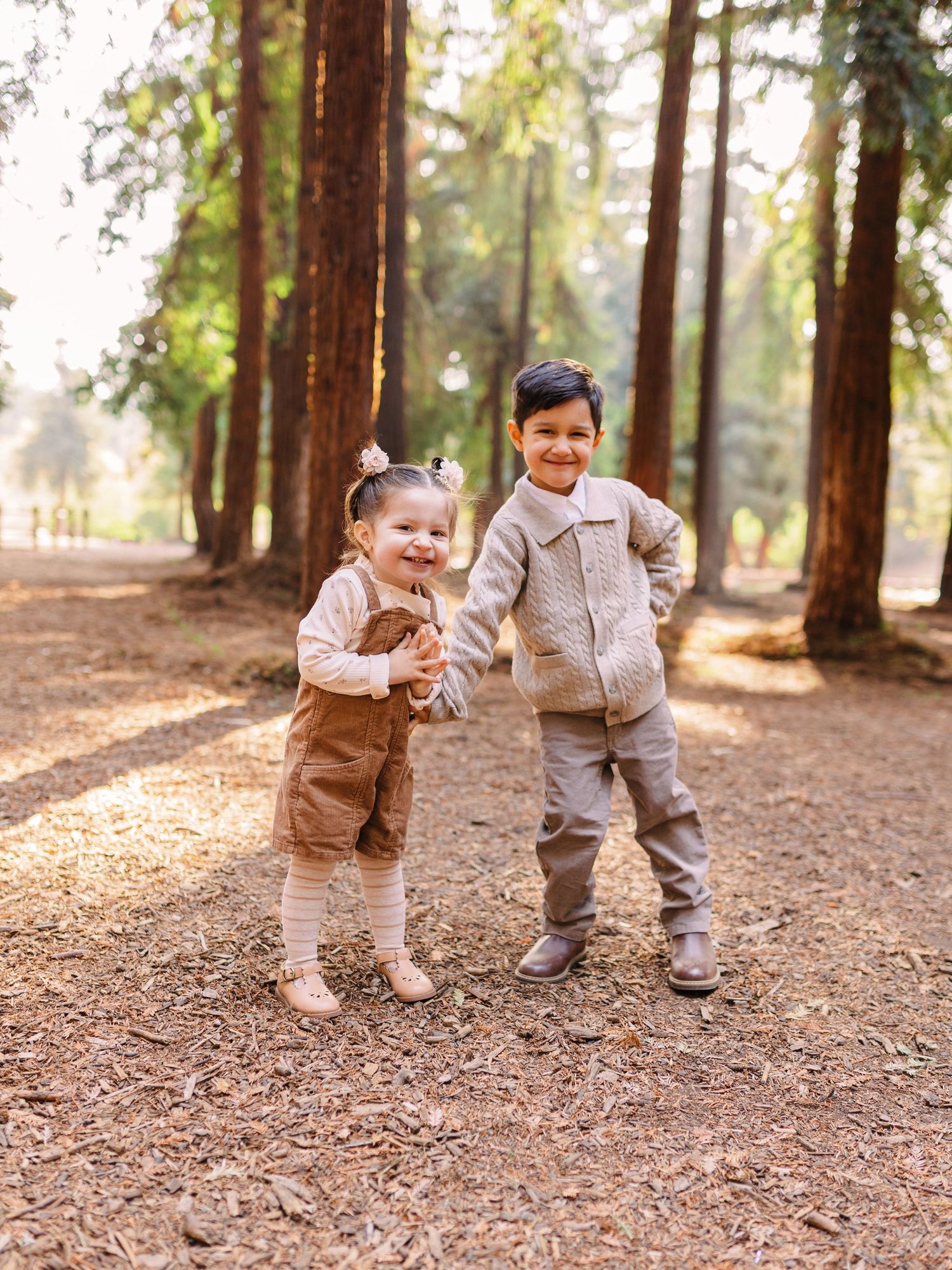 Children playing and walking through forest path covered in fallen pine needles.