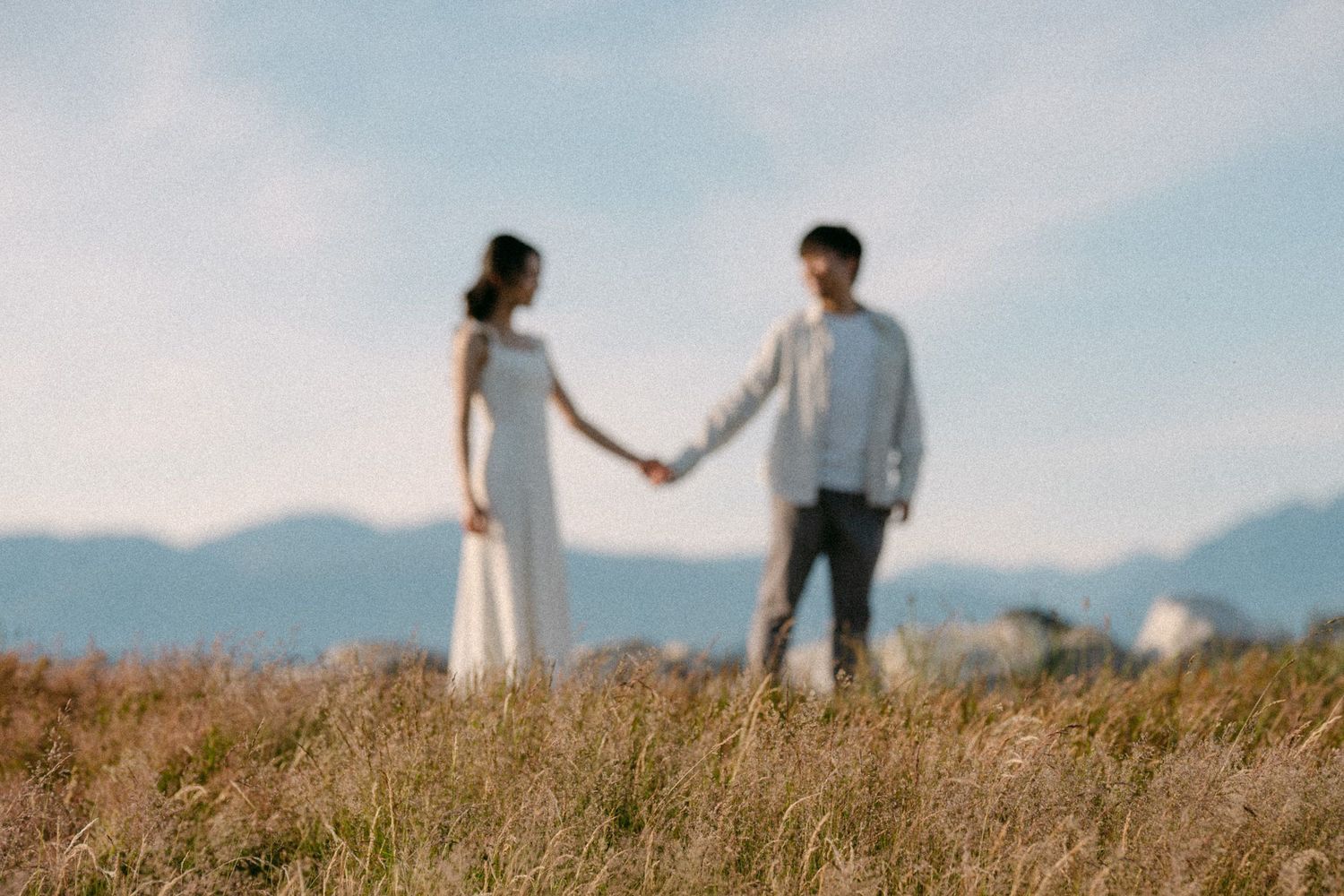 Couple holding hands in open field with mountain backdrop, coloured. Vancouver prewedding and engagement by Victor Li Photography.