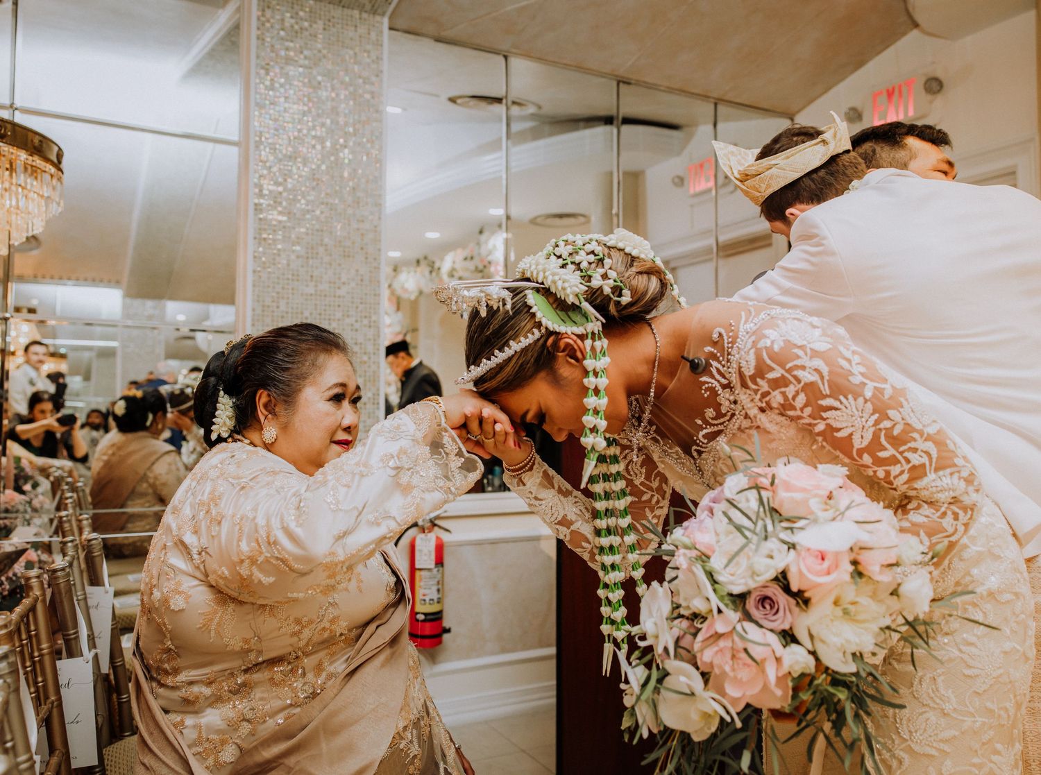 Collage of wedding moments showing romantic film-style images in warm tones with floral bouquets and intimate embraces.