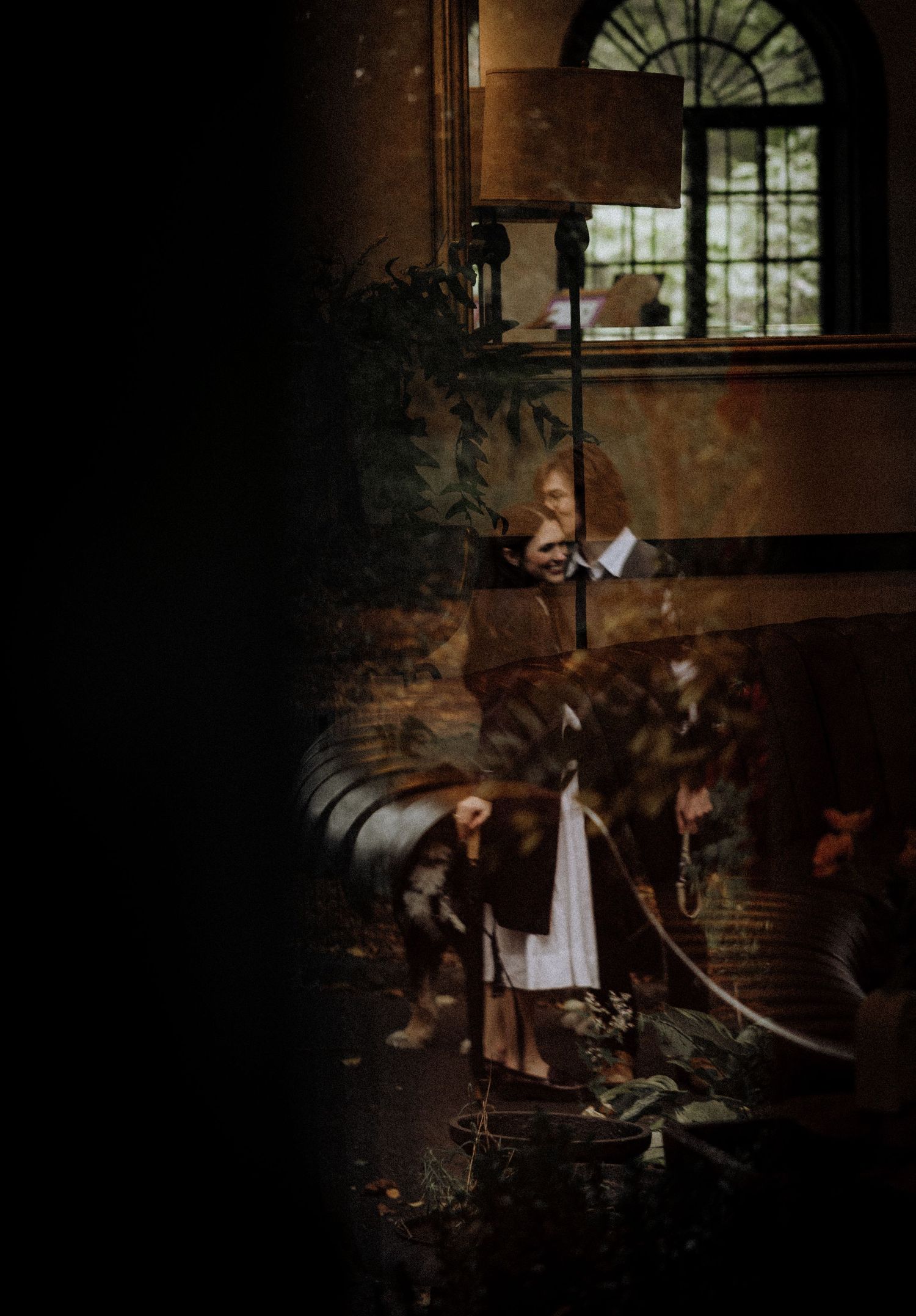 A moody interior scene with arched windows and decorative foliage in dark lighting.