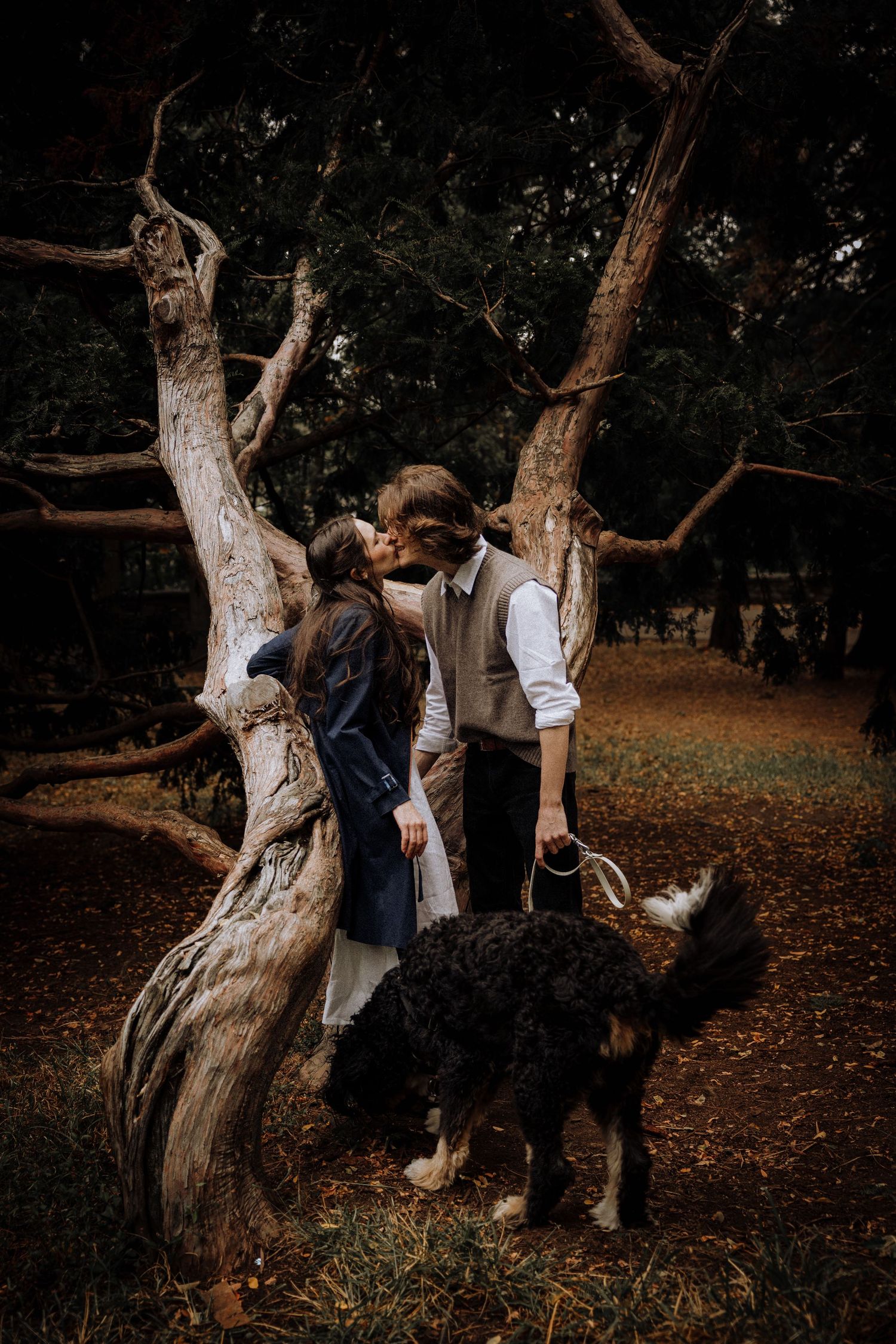 A couple leans against a twisted tree trunk in an autumn park with their dog.