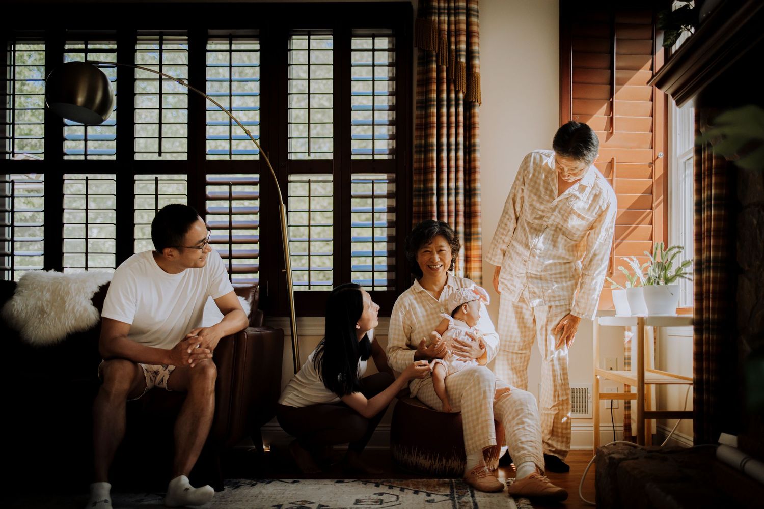 A collection of lifestyle photos capturing quiet moments in a sunlit room with white shutters.