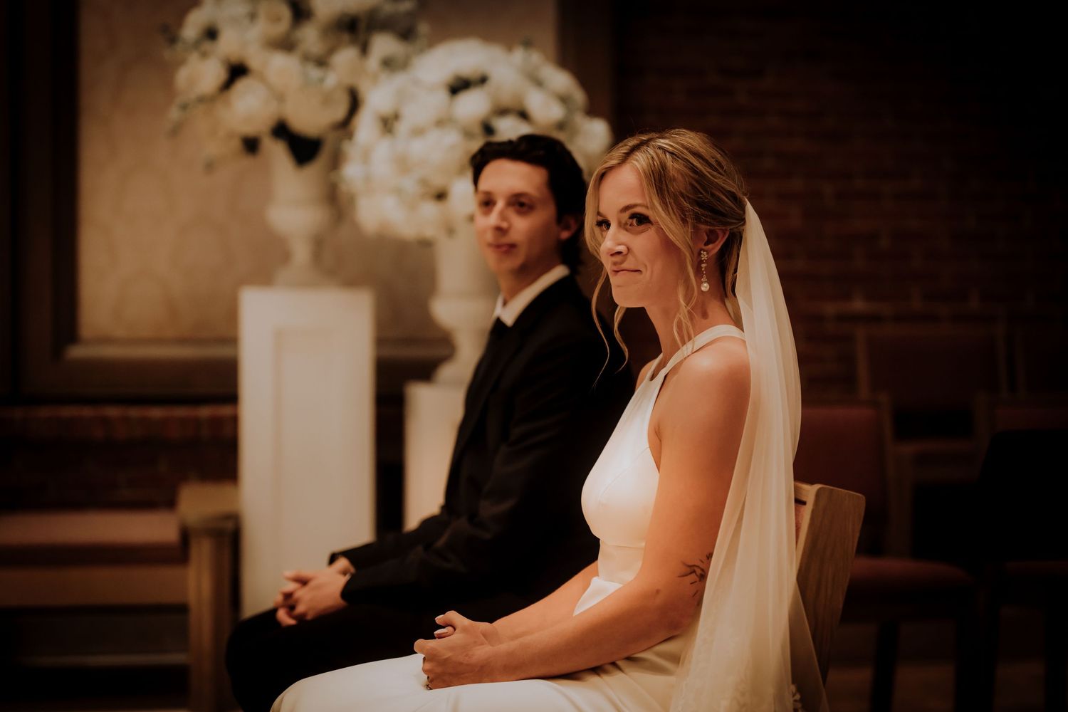 A collection of wedding photos showing intimate moments between couples during their ceremony and reception.