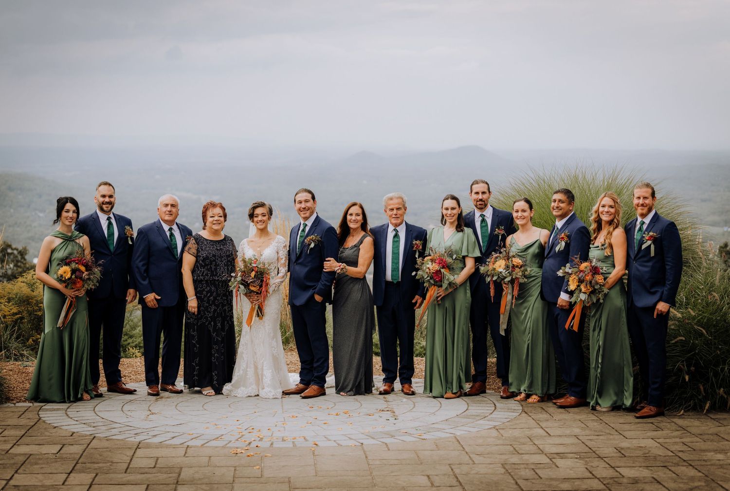 Full wedding party group photo with mountain landscape backdrop.
