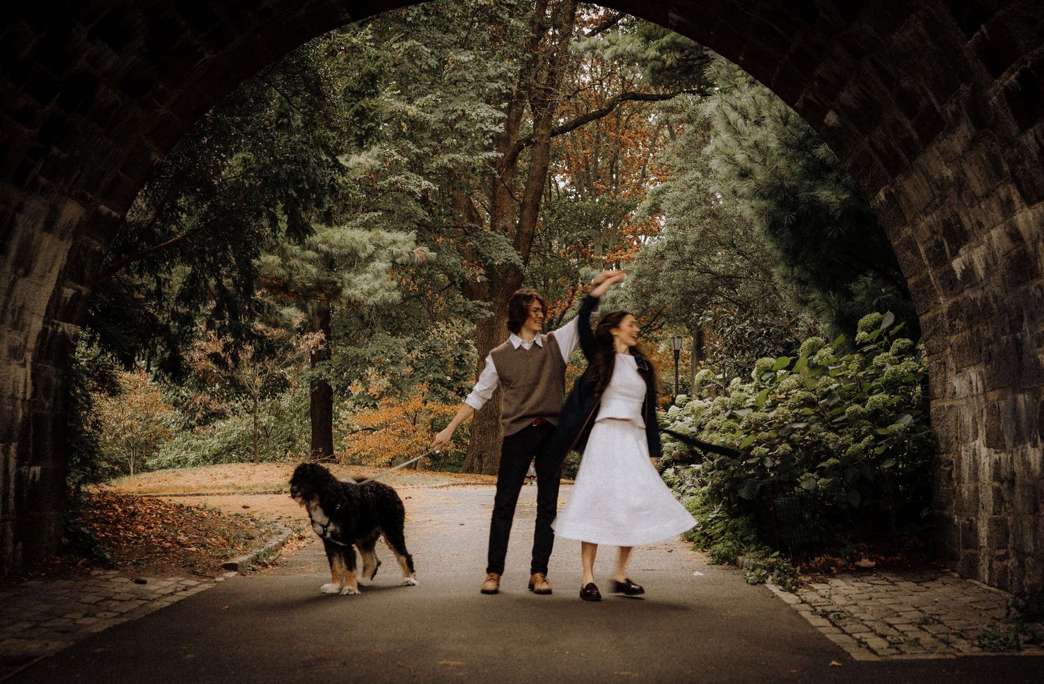 A wooded path with autumn trees creates a natural archway in a panoramic view.
