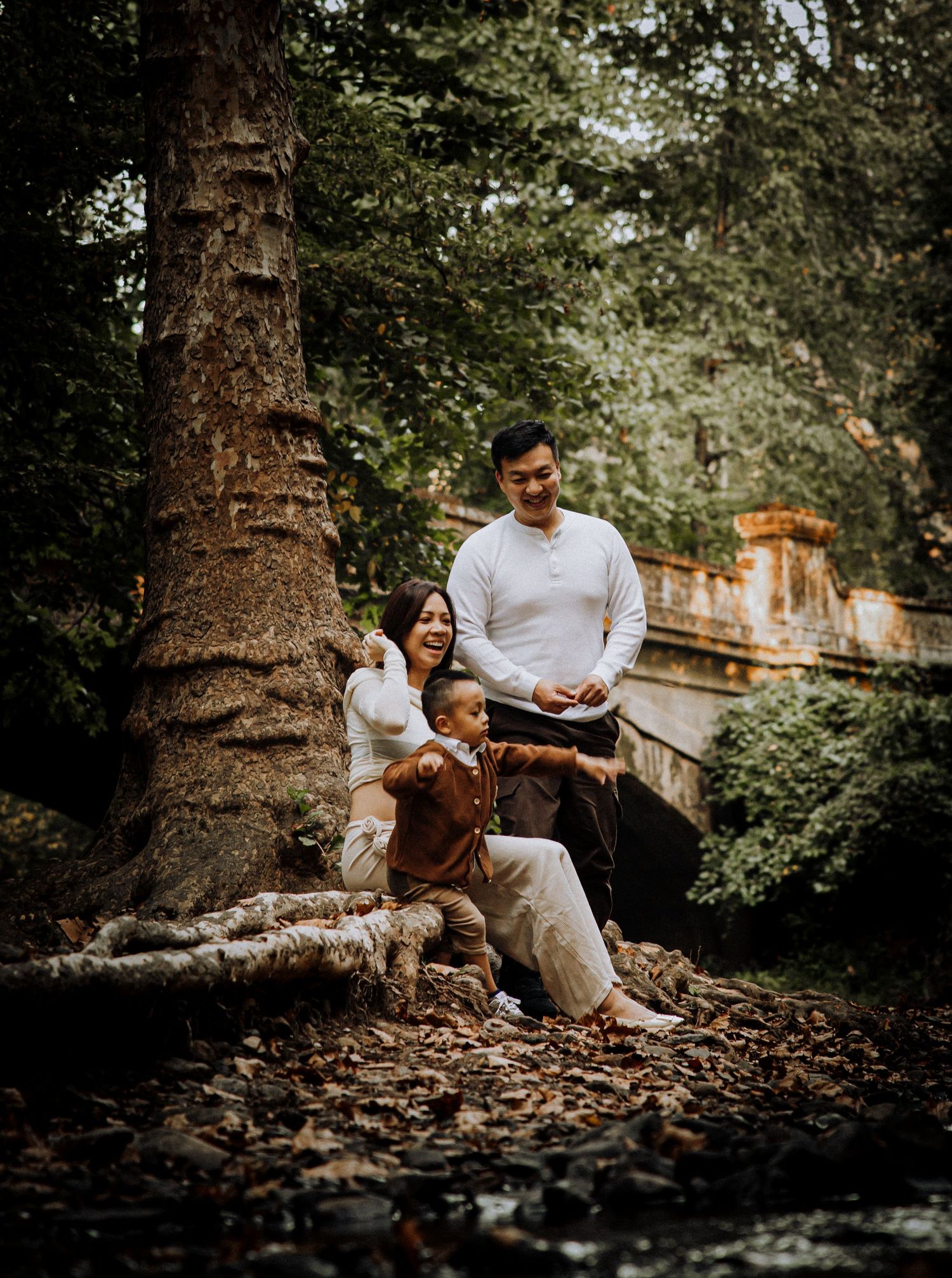 Family sitting together on fallen leaves near a large tree trunk in a wooded park setting.