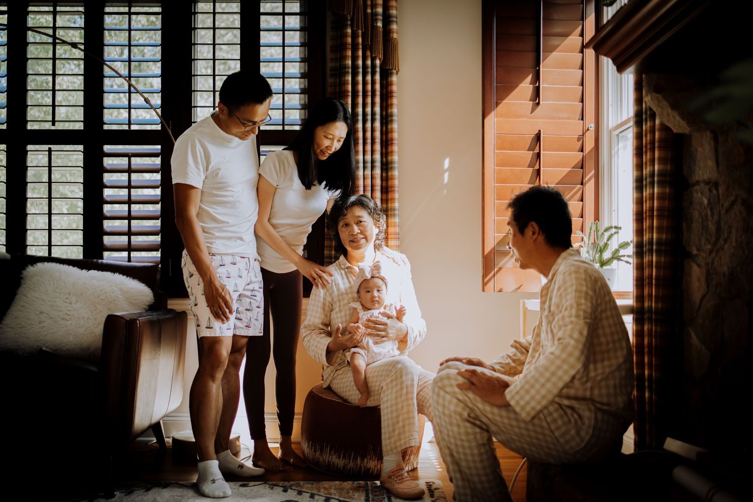 A series of intimate lifestyle photos showing tender moments between parent and child in a sunlit home setting.