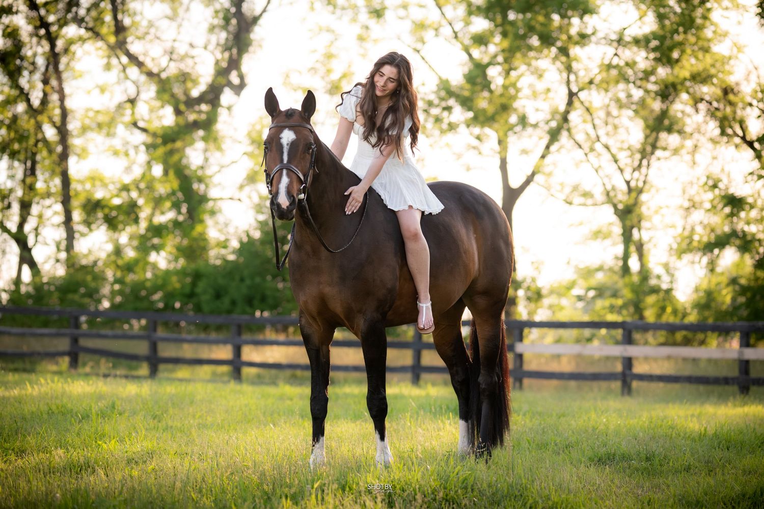 Young woman in white dress riding a dark brown horse in a sunlit green pasture with wooden fence.