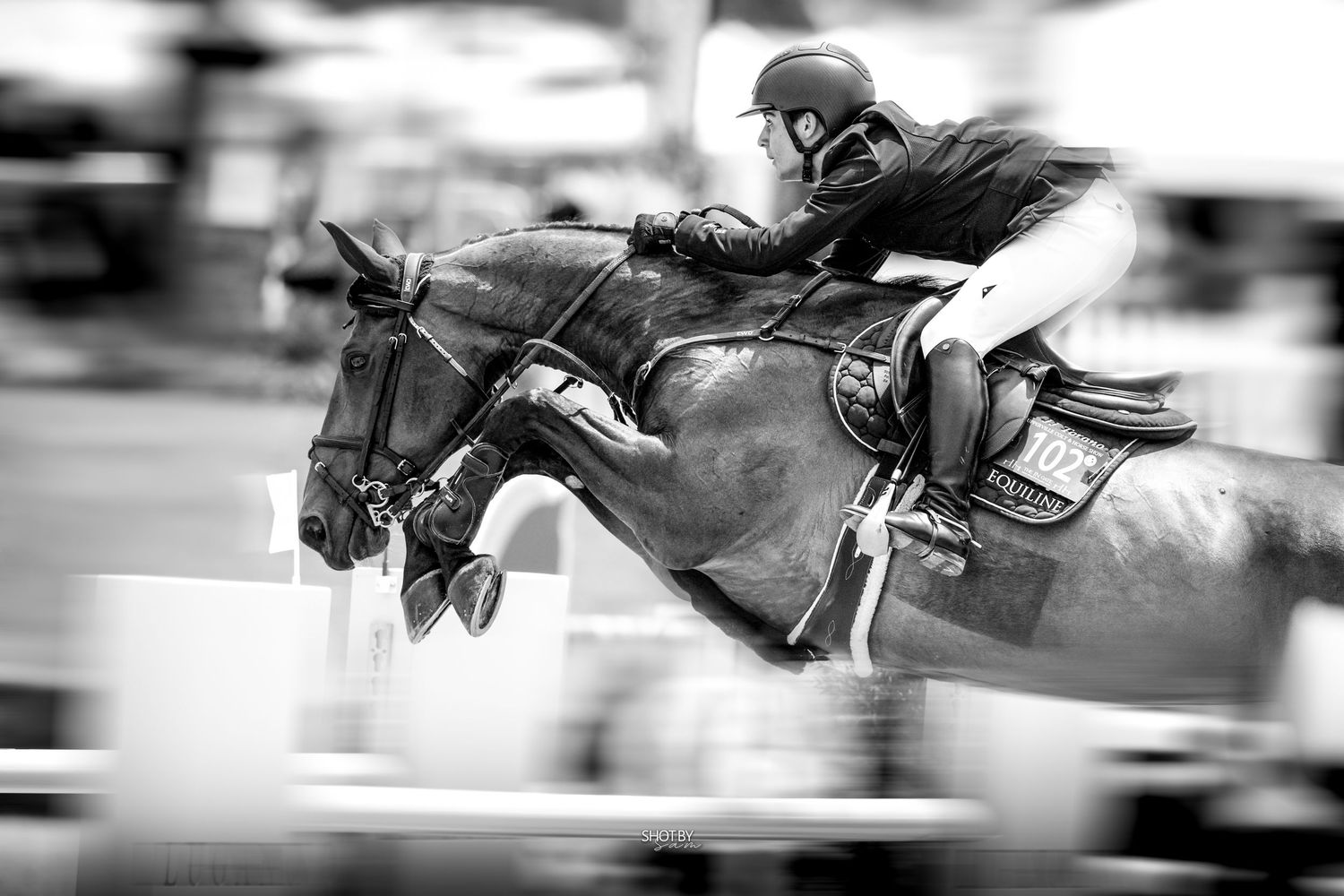 Black and white photo of a rider on a horse jumping over a hurdle at an equestrian show jumping competition.