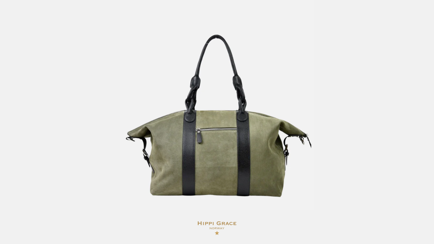 Olive green canvas weekender bag with black leather handles and roll-top closure displayed on white background.