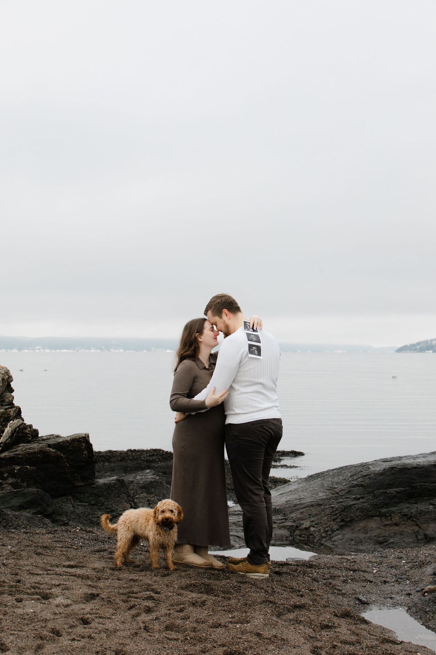 A couple shares a romantic moment on a rocky beach with their golden dog sitting nearby as waves crash on the shore.
