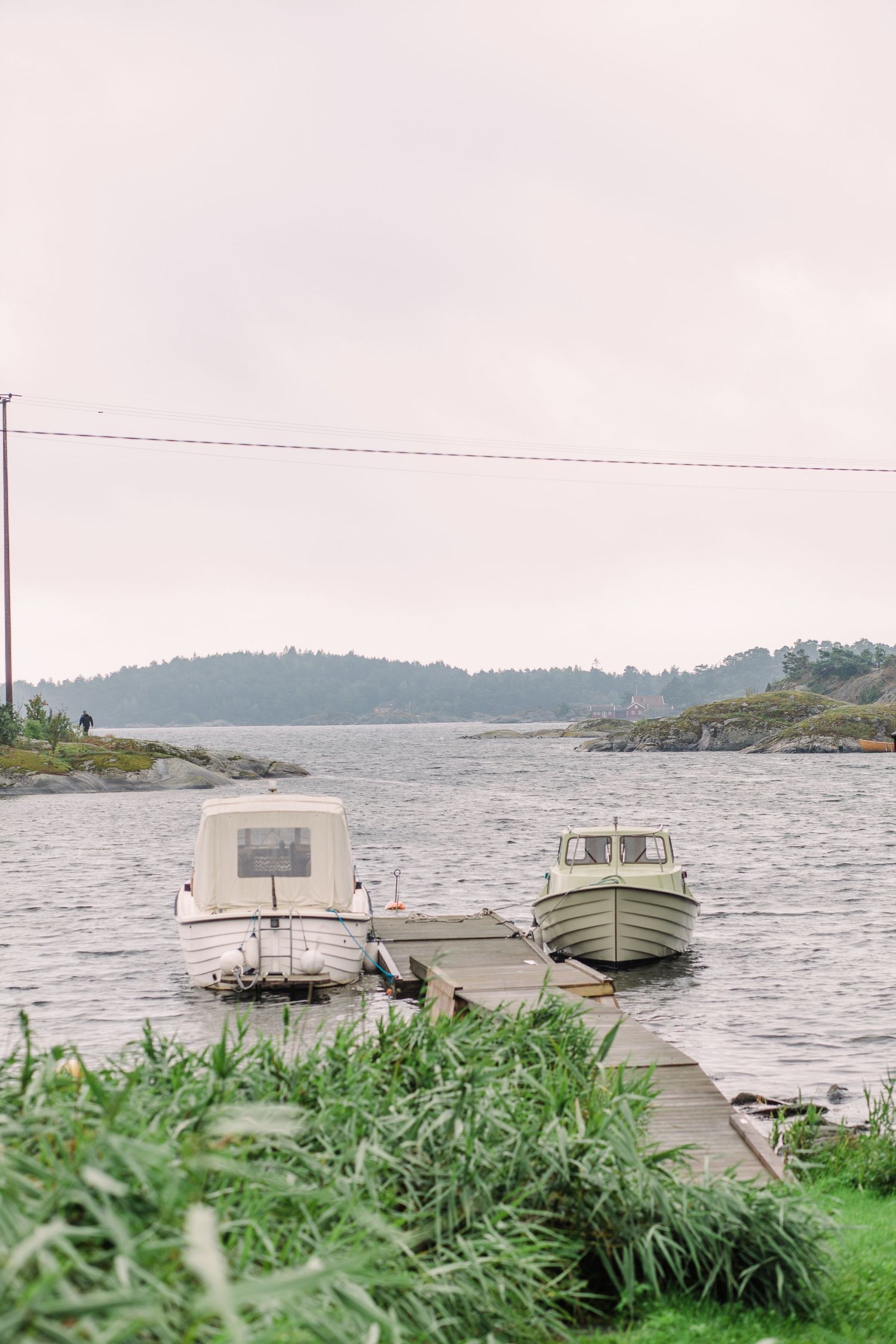 Boats docked at a serene waterfront with tall grass and mountains in the background.