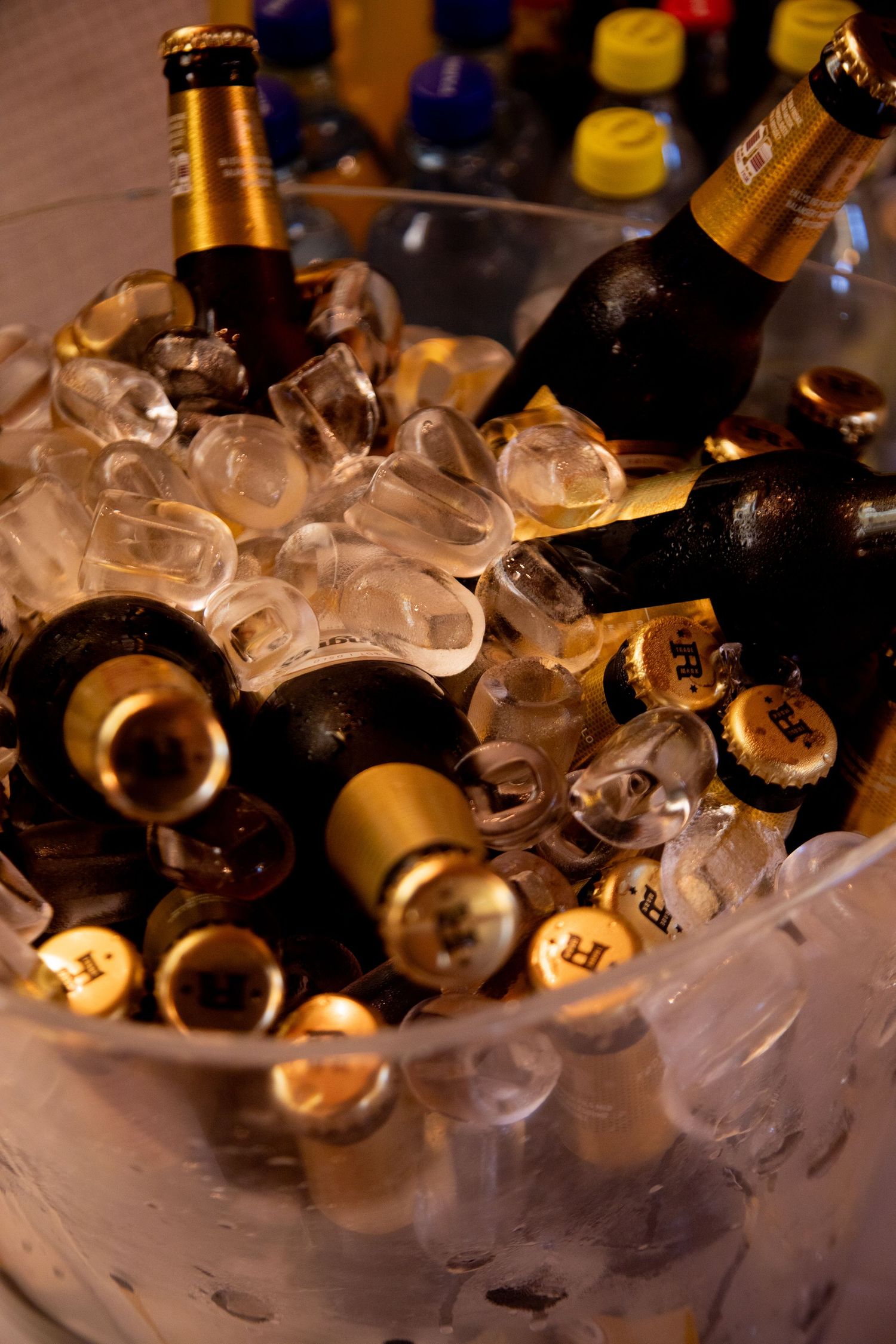 Beer bottles and ice cubes in a cooler with warm lighting.
