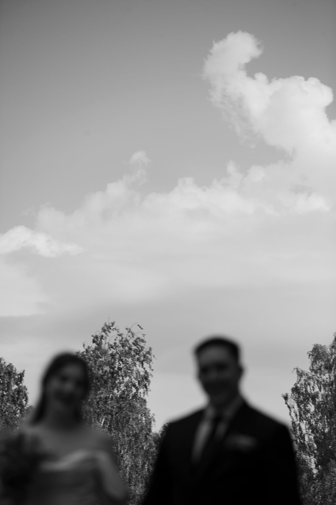 Black and white wedding photo of blurred bride and groom with trees and clouds in background.