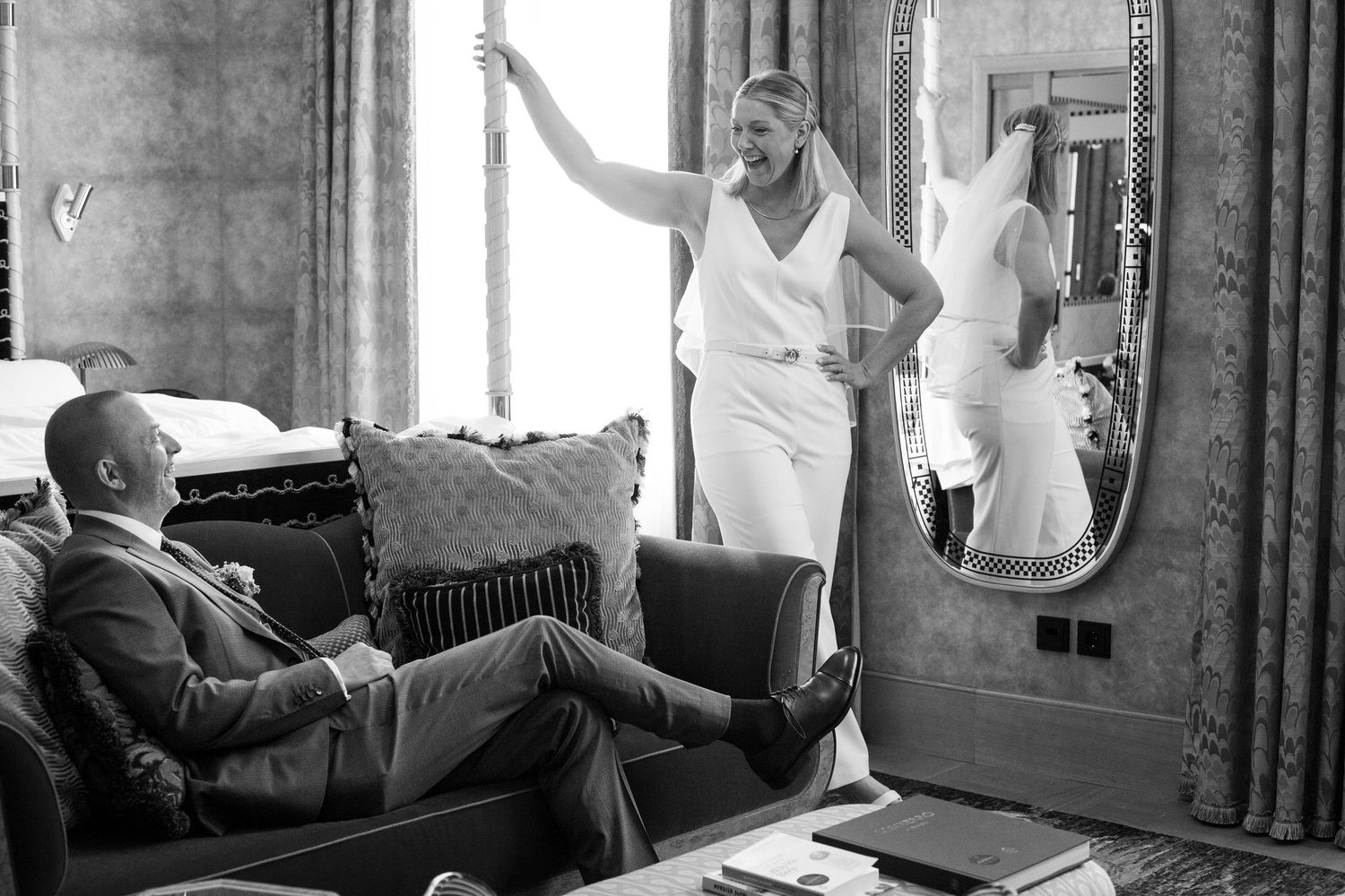 Black and white photos of people lounging on furniture in an elegant interior setting.