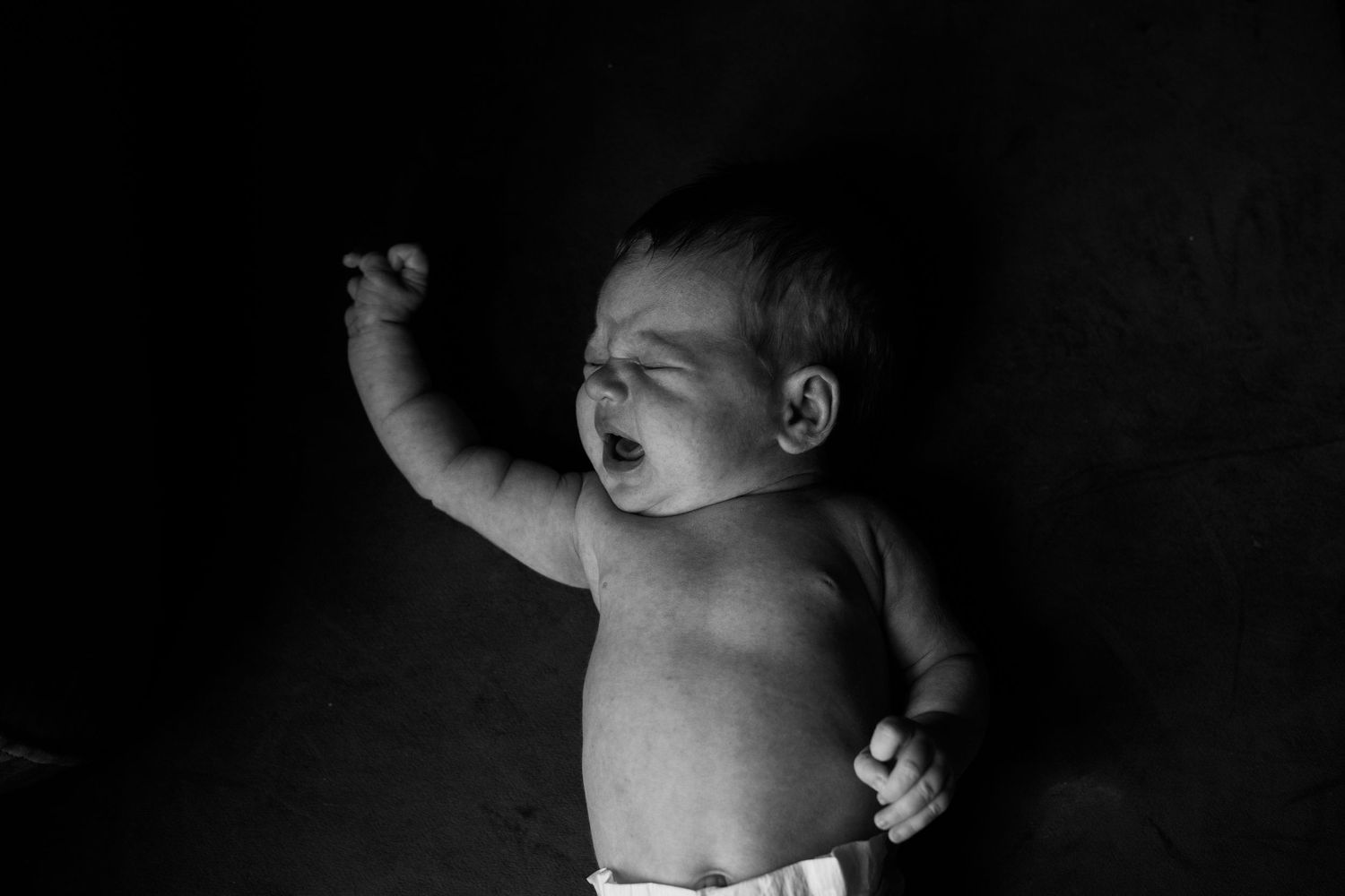 Dramatic black and white image of newborn baby in natural light.