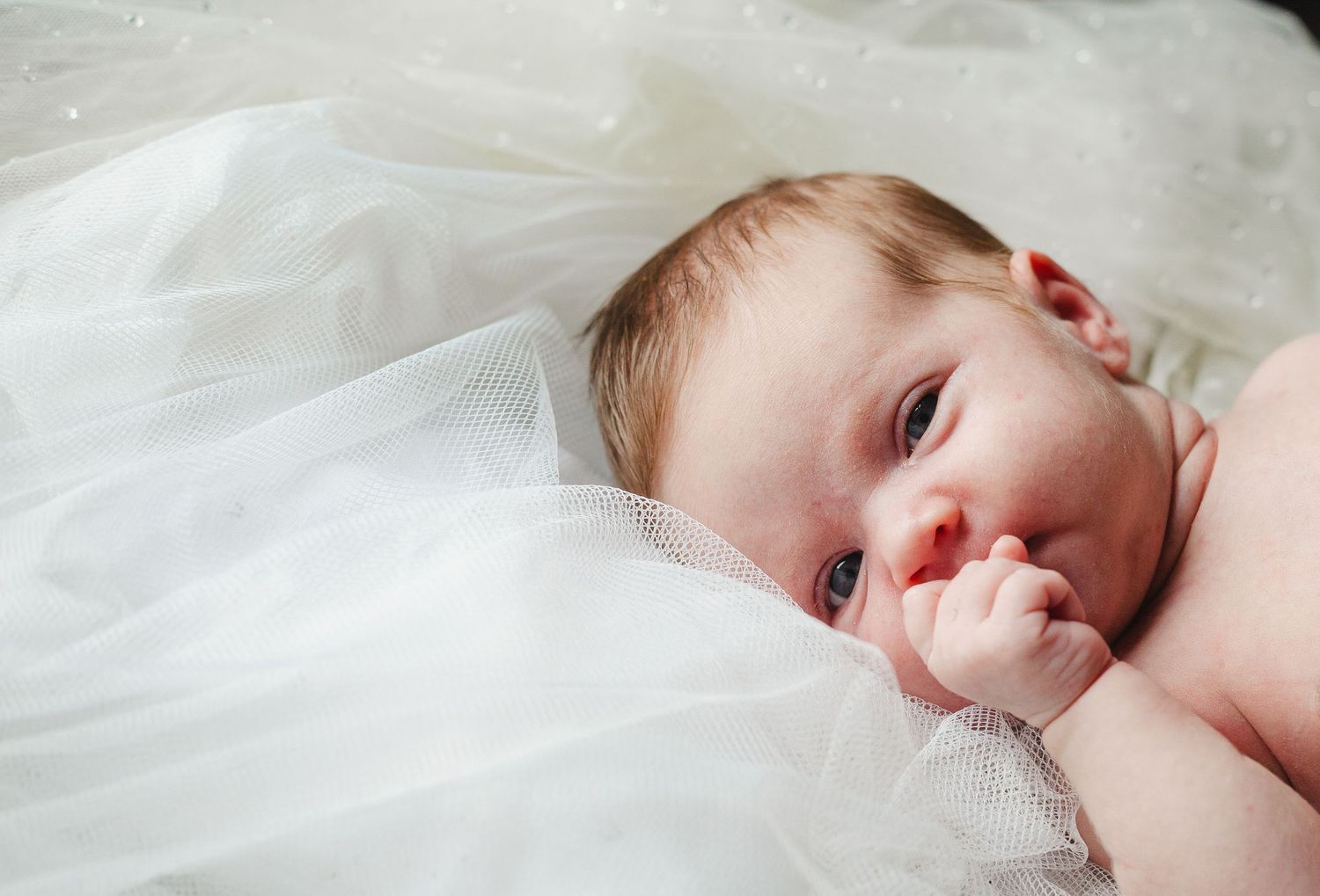 Newborn resting on white tulle fabric with hand near face.