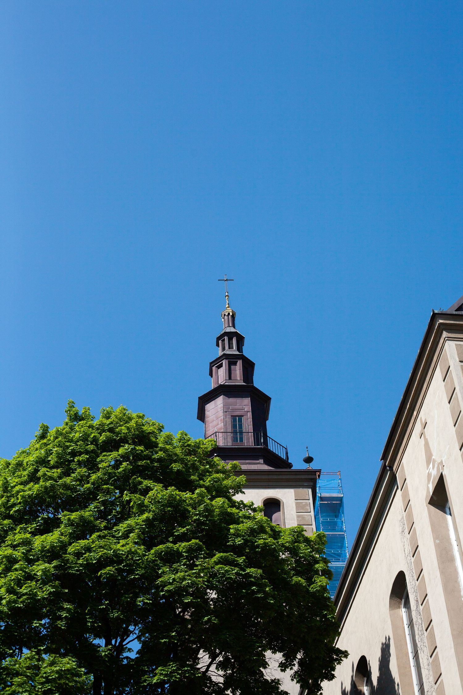 Church steeple with ornate architecture against bright blue sky with green tree foliage.