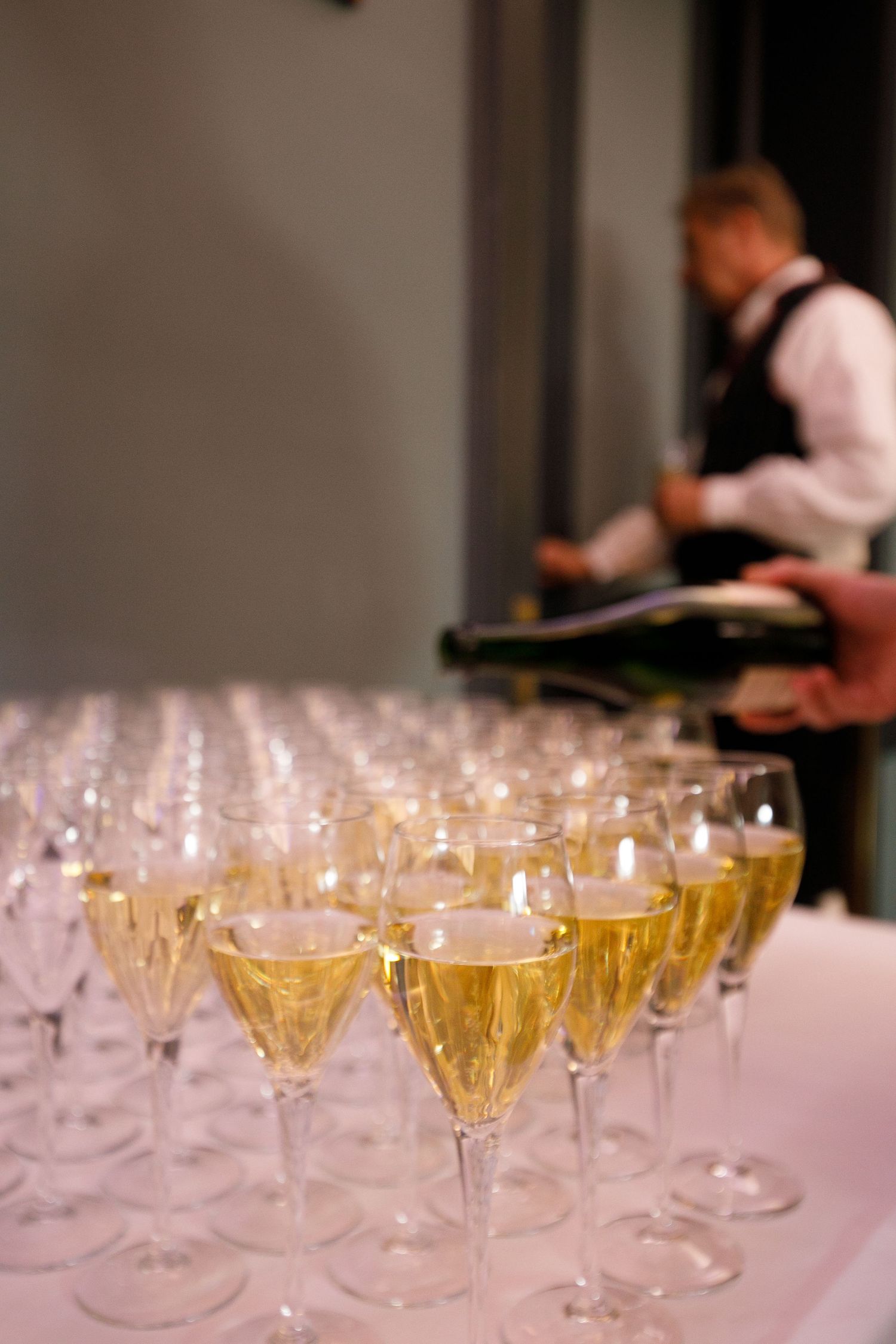 Rows of champagne glasses lined up on a table at an elegant event.