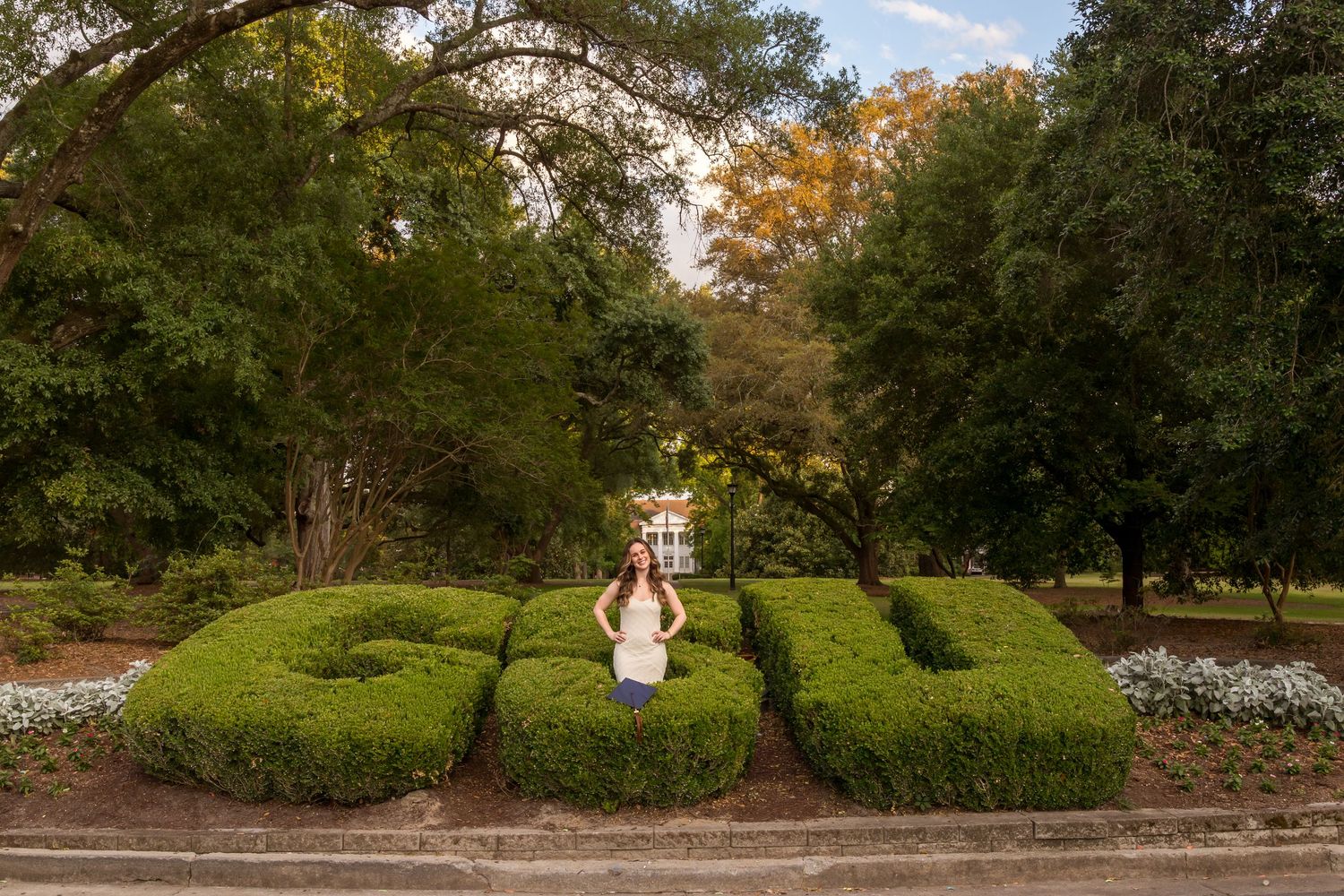 Panoramic view of landscaped campus grounds with trees and pathways.