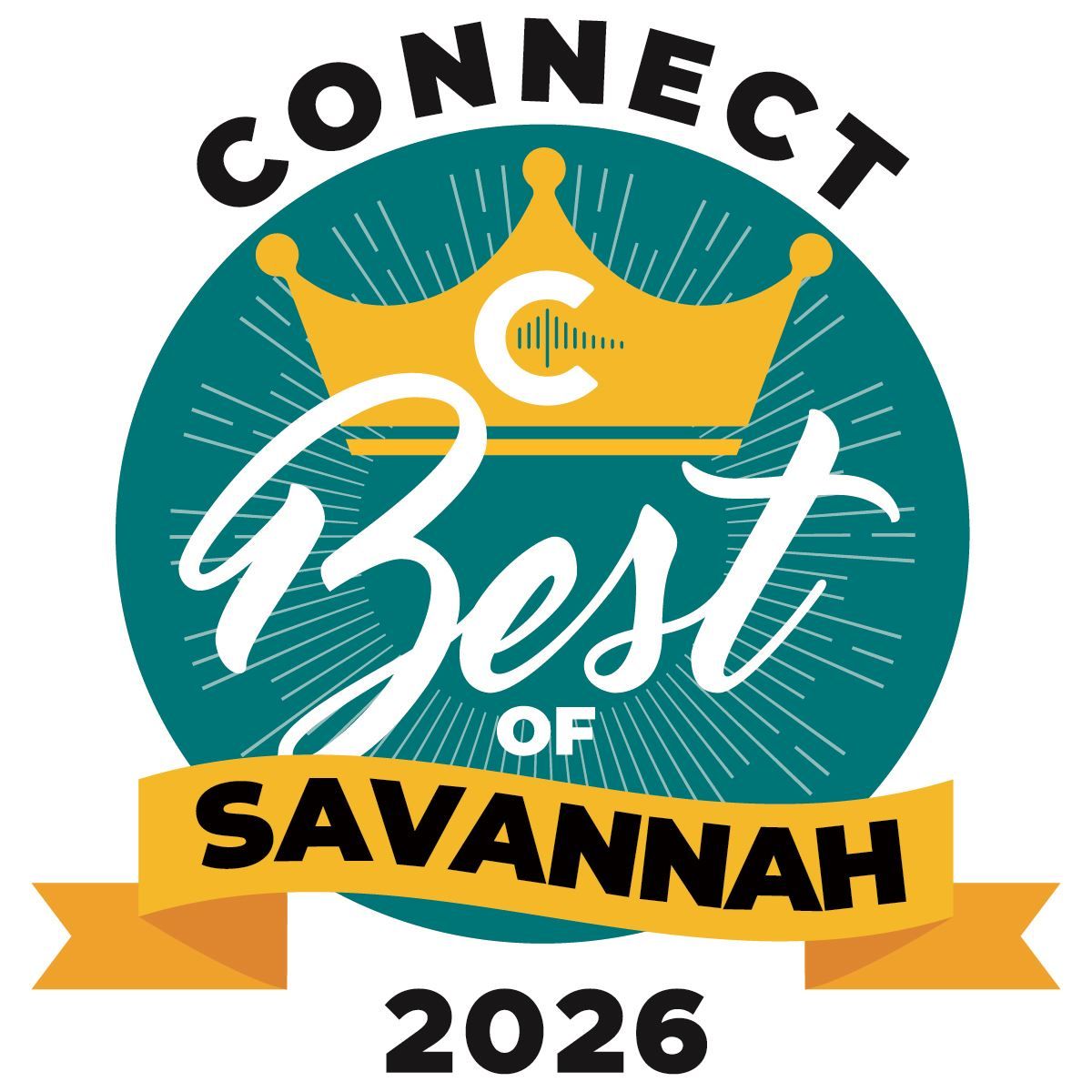 A series of teal and yellow circular badges with text and banners promoting Savannah events and locations.