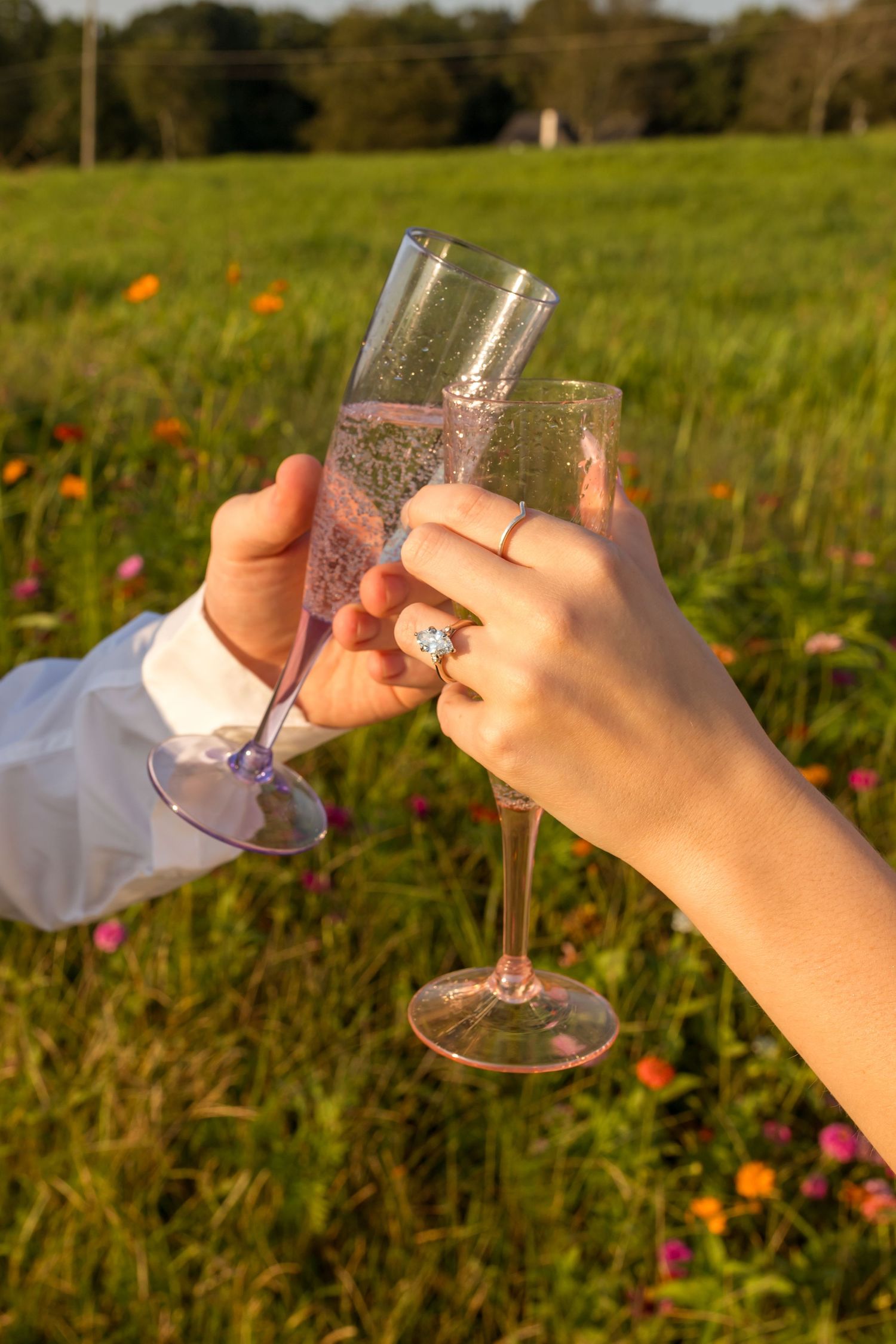 Two wine glasses clink together in a sunny meadow filled with colorful wildflowers.
