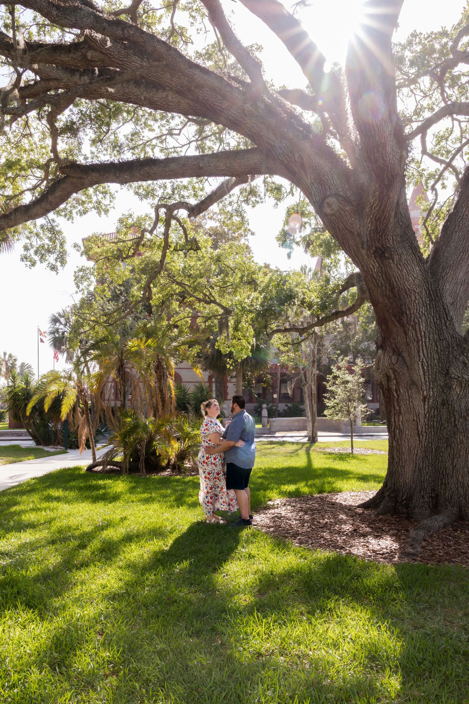 Couple embracing under a large oak tree on a sunny day, surrounded by lush green grass and palm trees.
