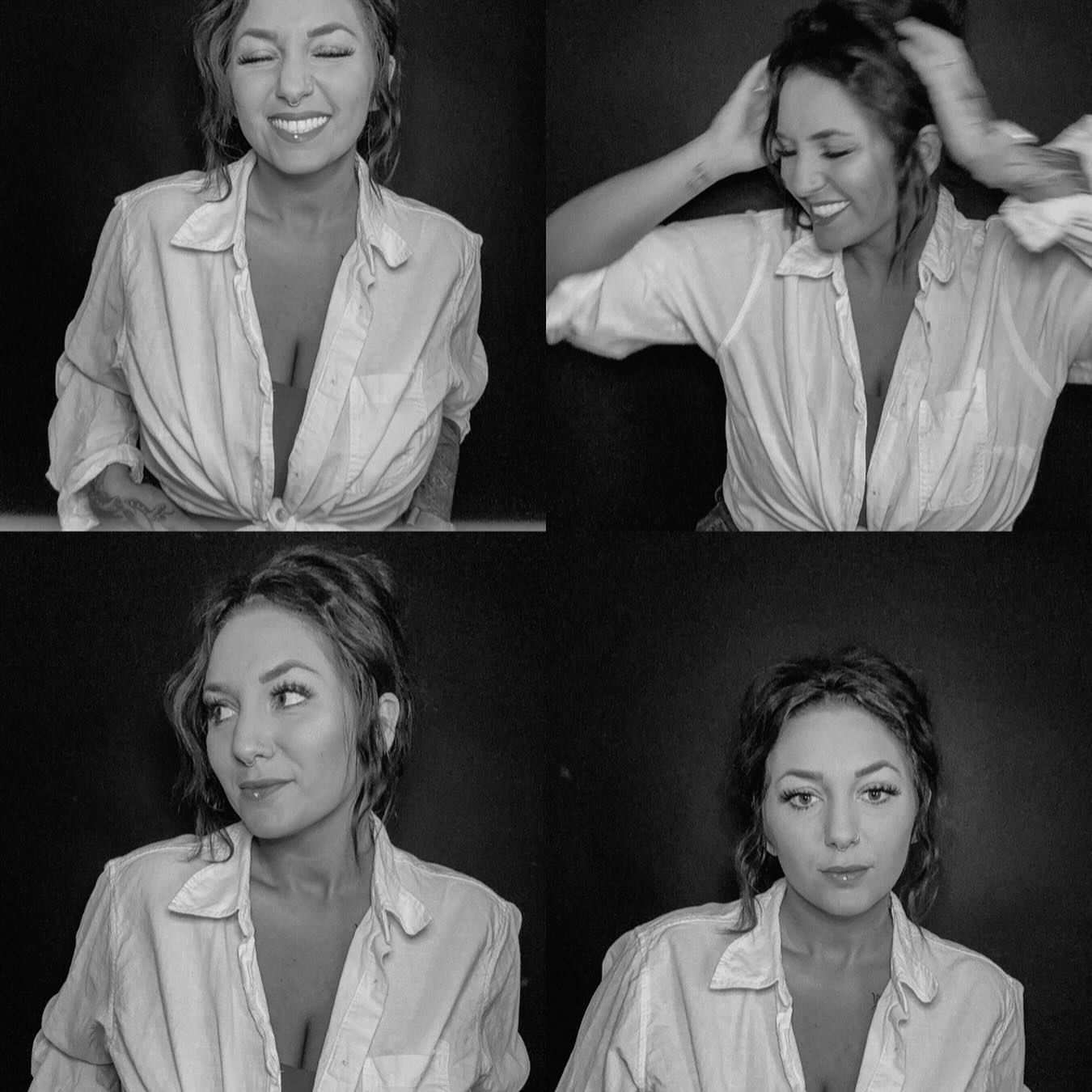 Black and white photo collage showing four expressive poses in a white button-down shirt against dark background.