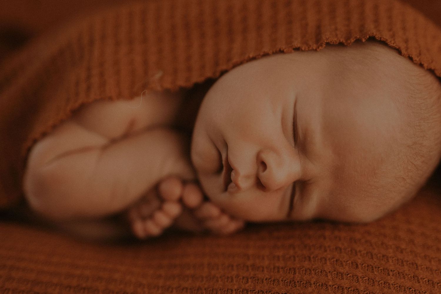 Peaceful sleeping newborn baby wrapped in warm brown knit blanket.