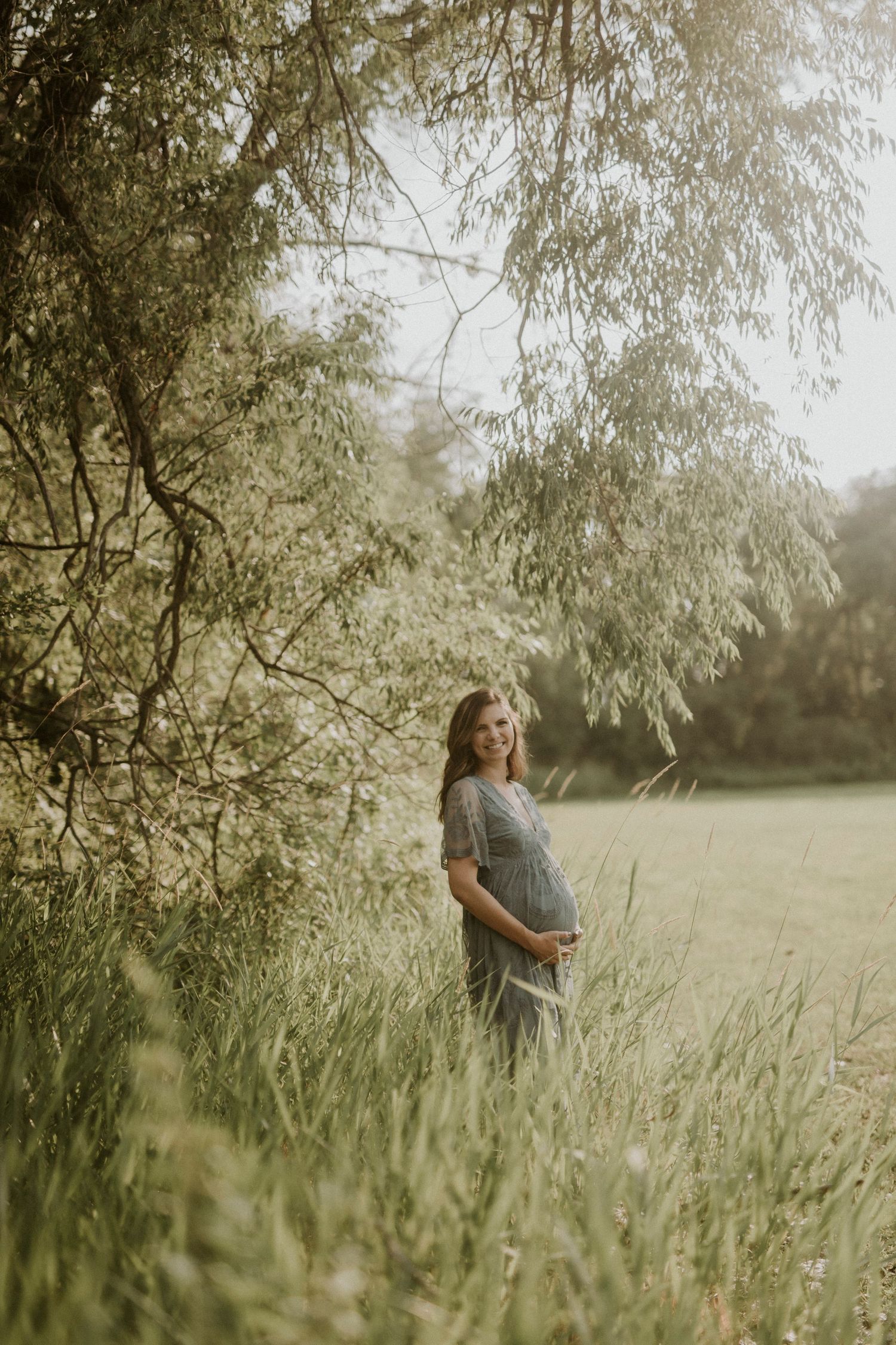 A series of maternity photos captured in a dreamy meadow with tall grass and willow trees at sunset.