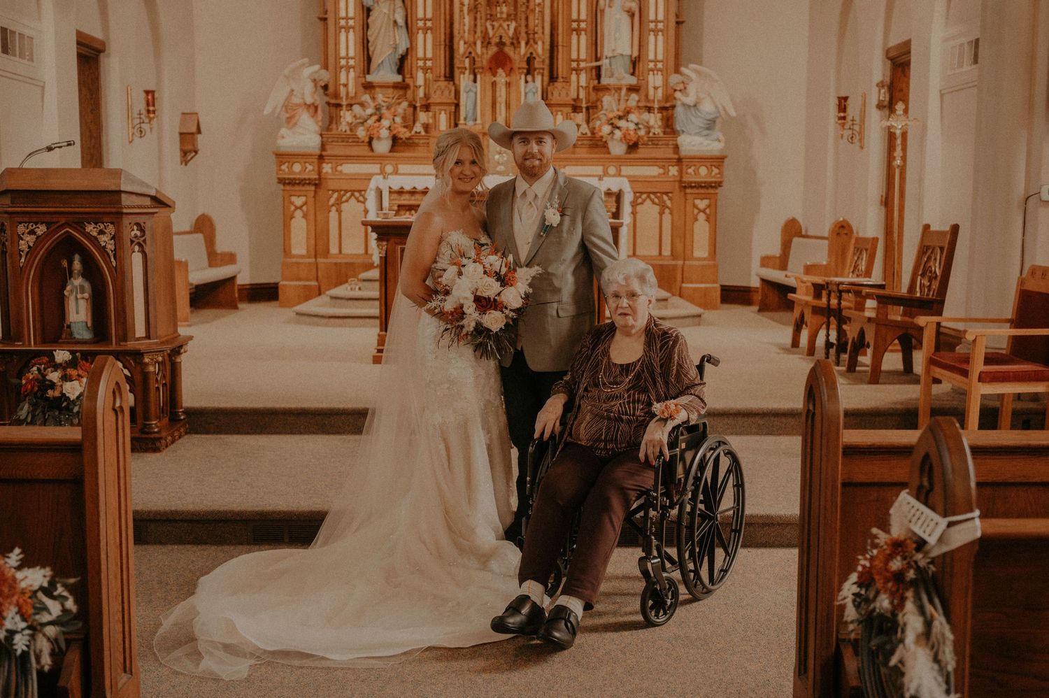 Wedding ceremony photos showing guests seated in wooden pews of an ornate church interior.