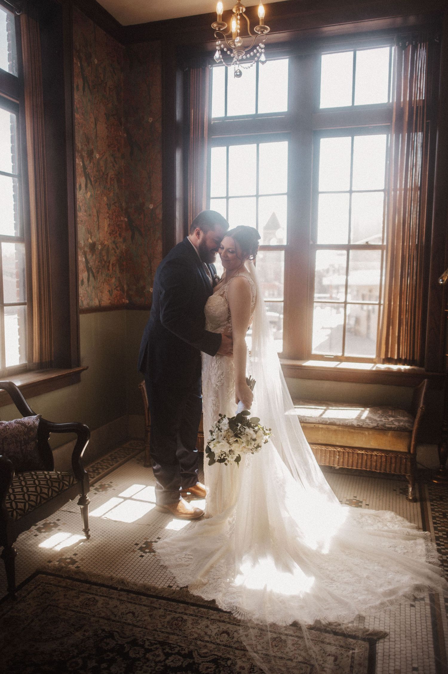 Wedding photography sequence showing dramatic poses in a vintage interior setting.