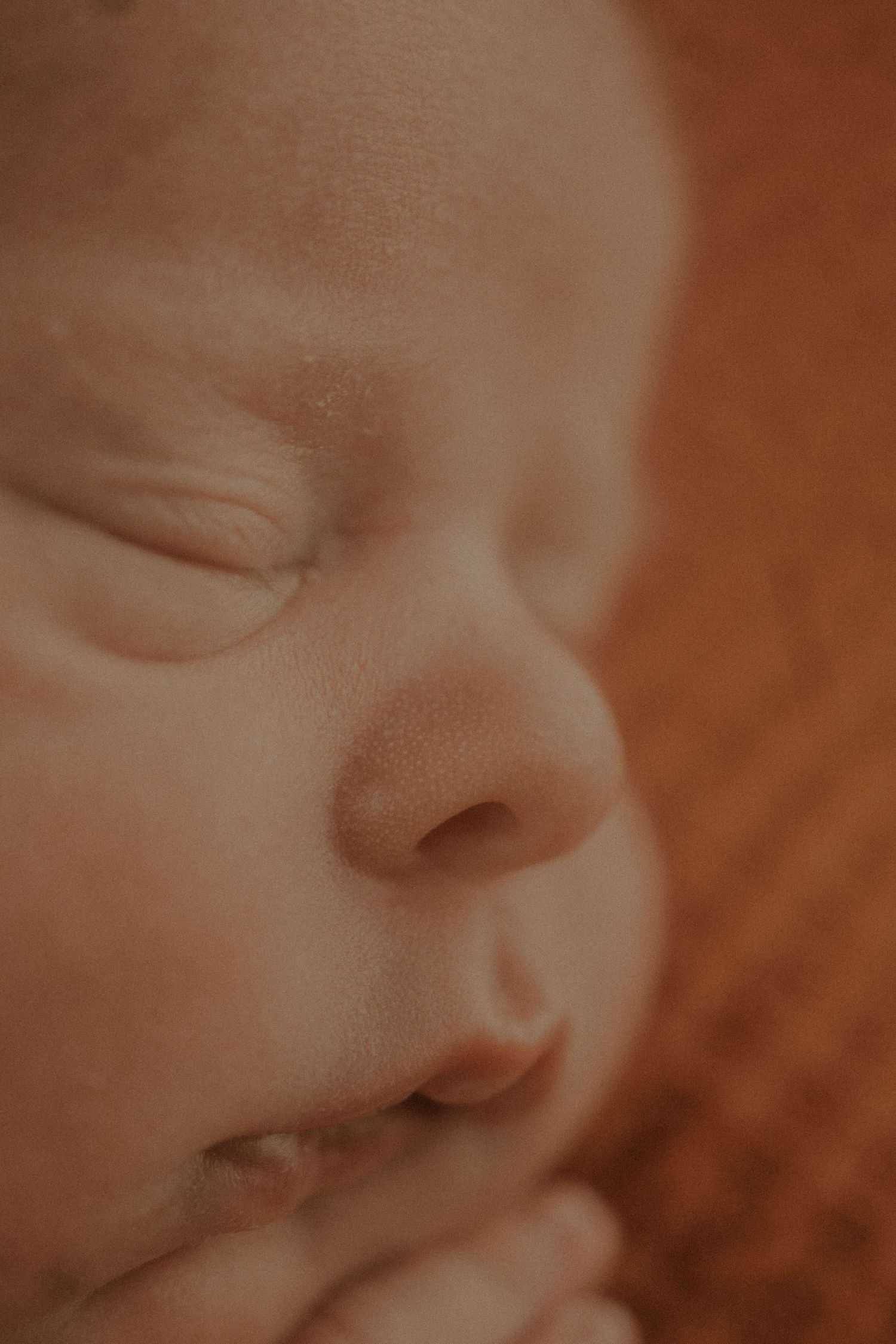Close-up artistic sepia photograph showing delicate facial features in soft lighting.