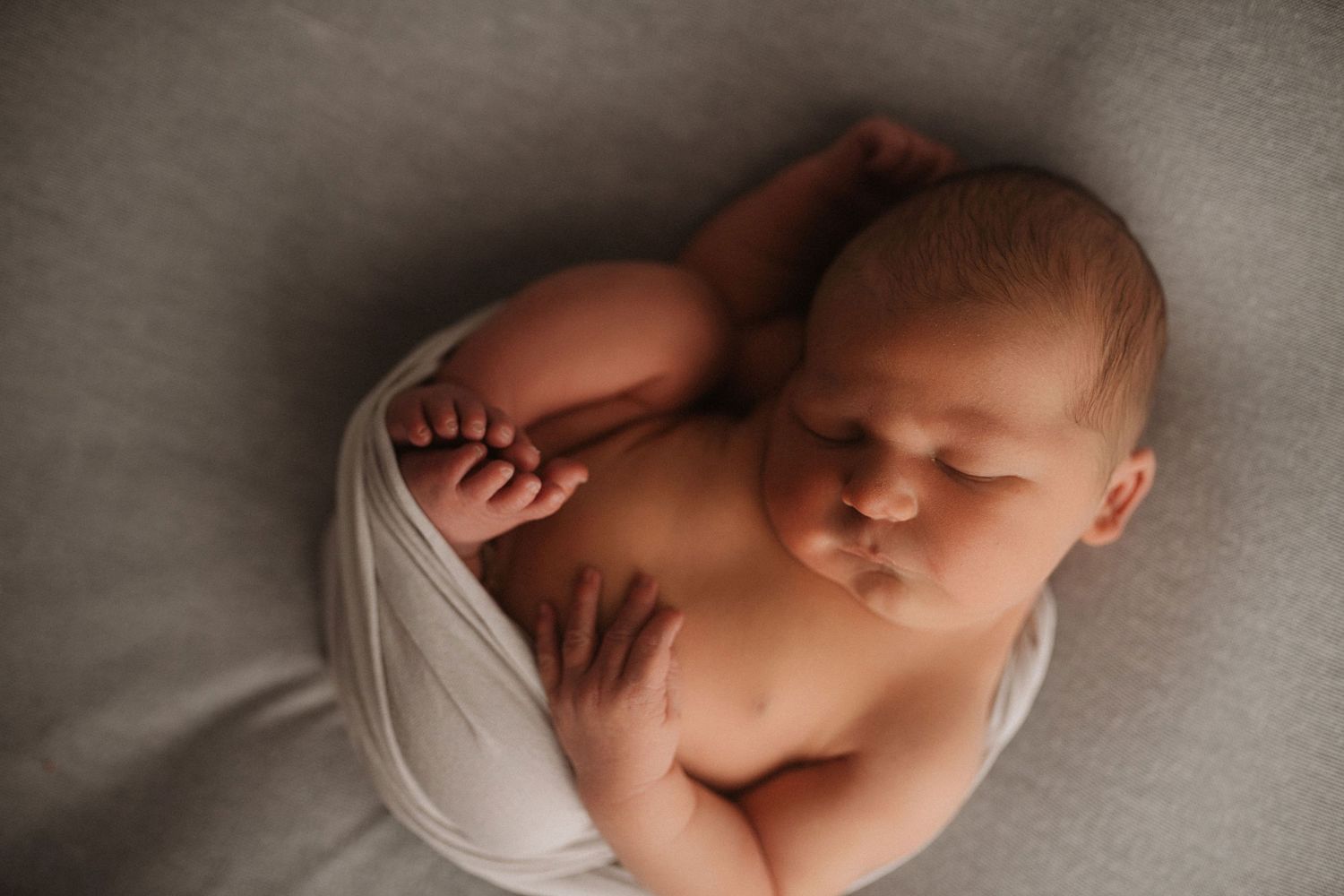 Professional newborn photography with artistic lighting and neutral tones.