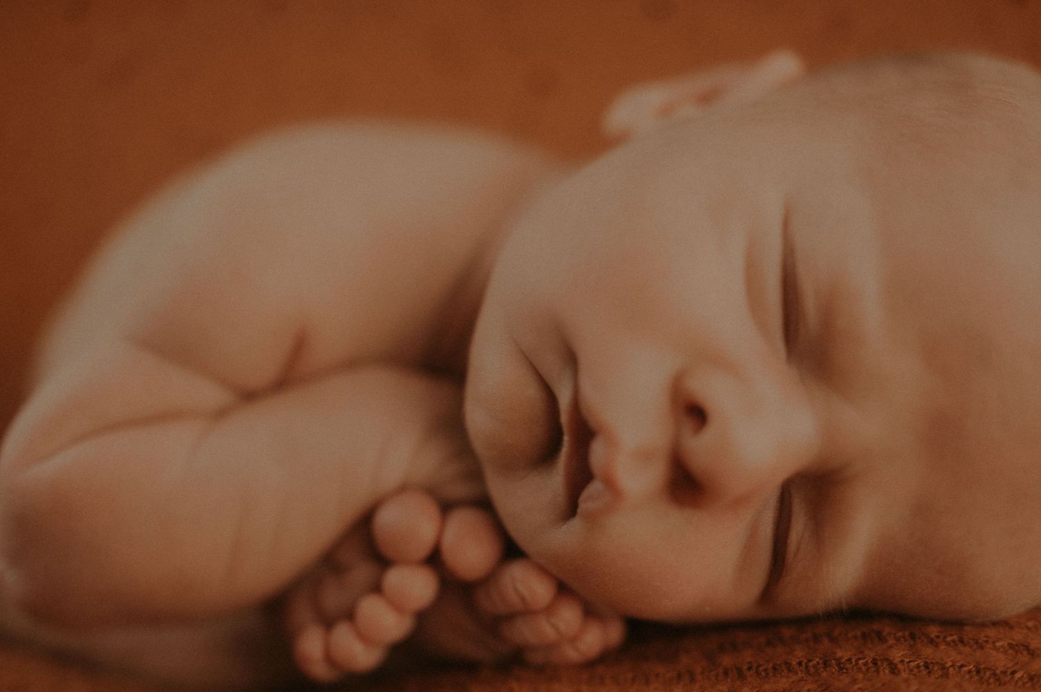 Tiny newborn feet and curled up body rest peacefully against a brown textured backdrop.
