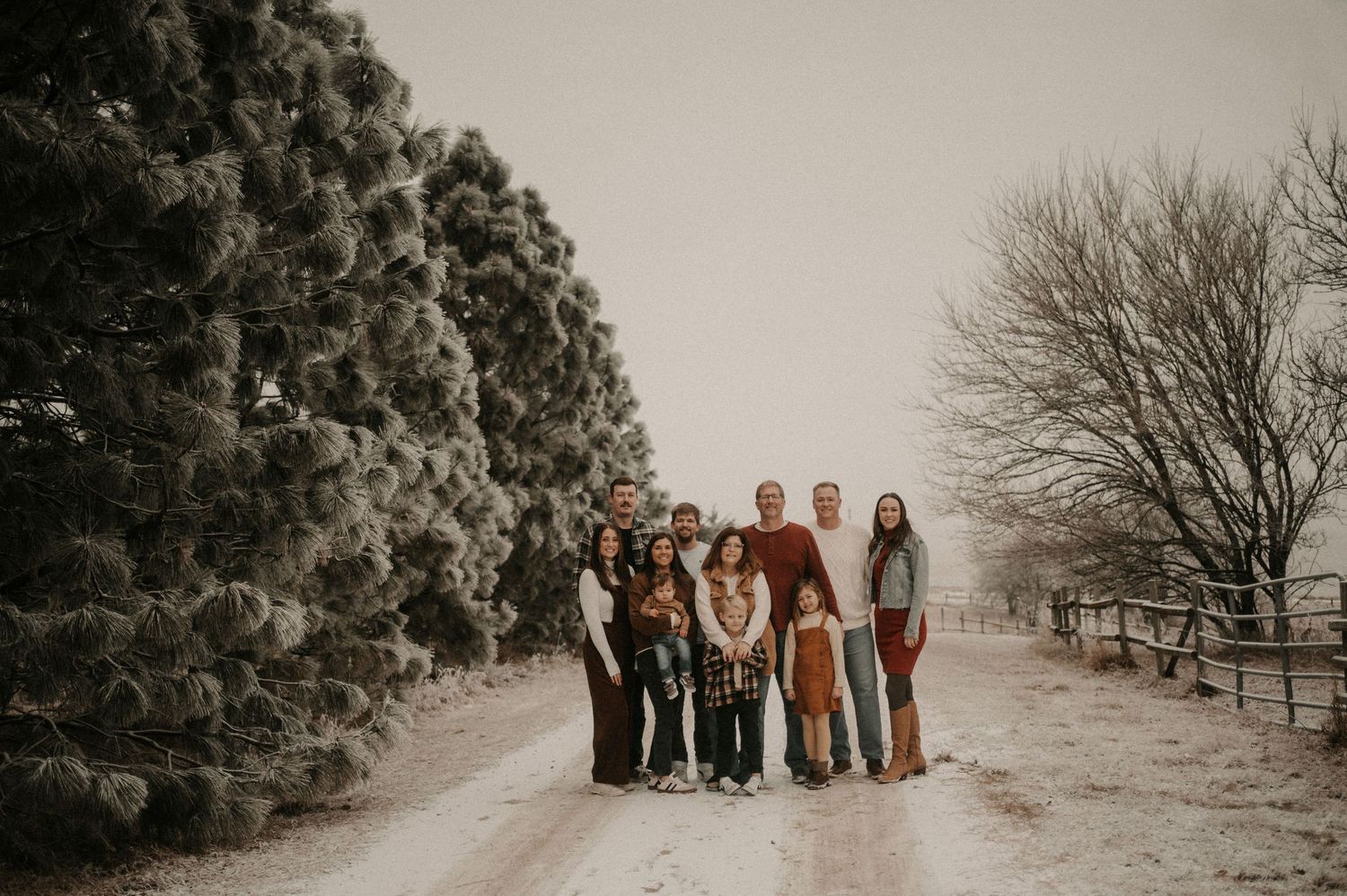 A collection of winter family portraits shows people standing together in a snowy landscape with bare trees.