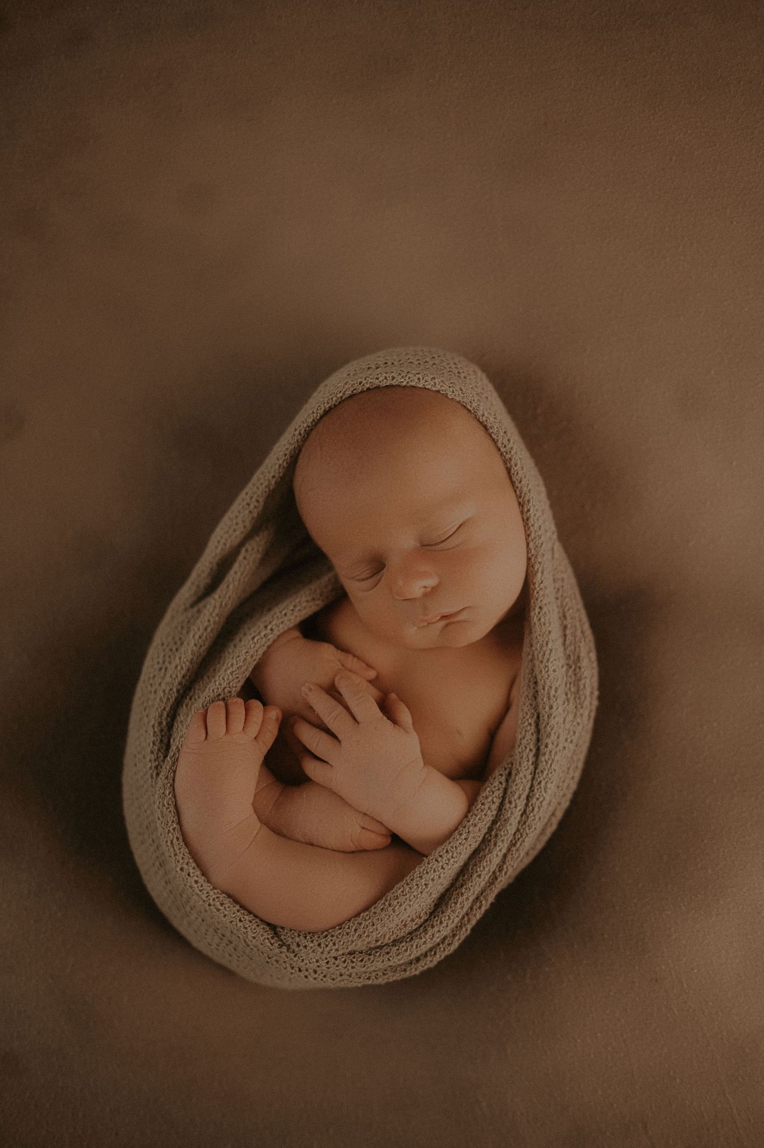A peaceful newborn baby wrapped in soft beige knit fabric sleeps curled up against a brown background.