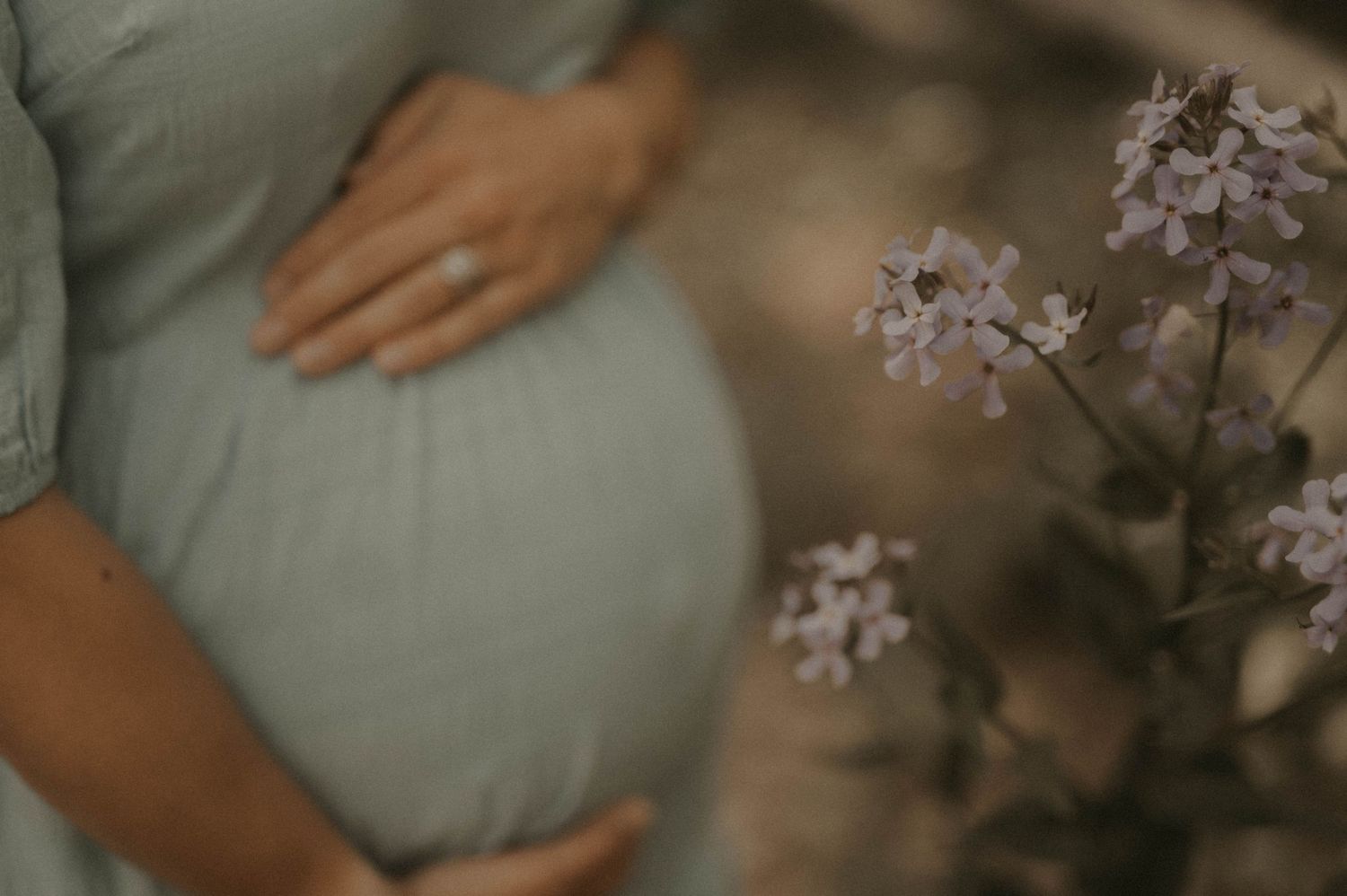 A pregnant belly in a mint green dress is shown next to delicate purple wildflowers in soft focus.