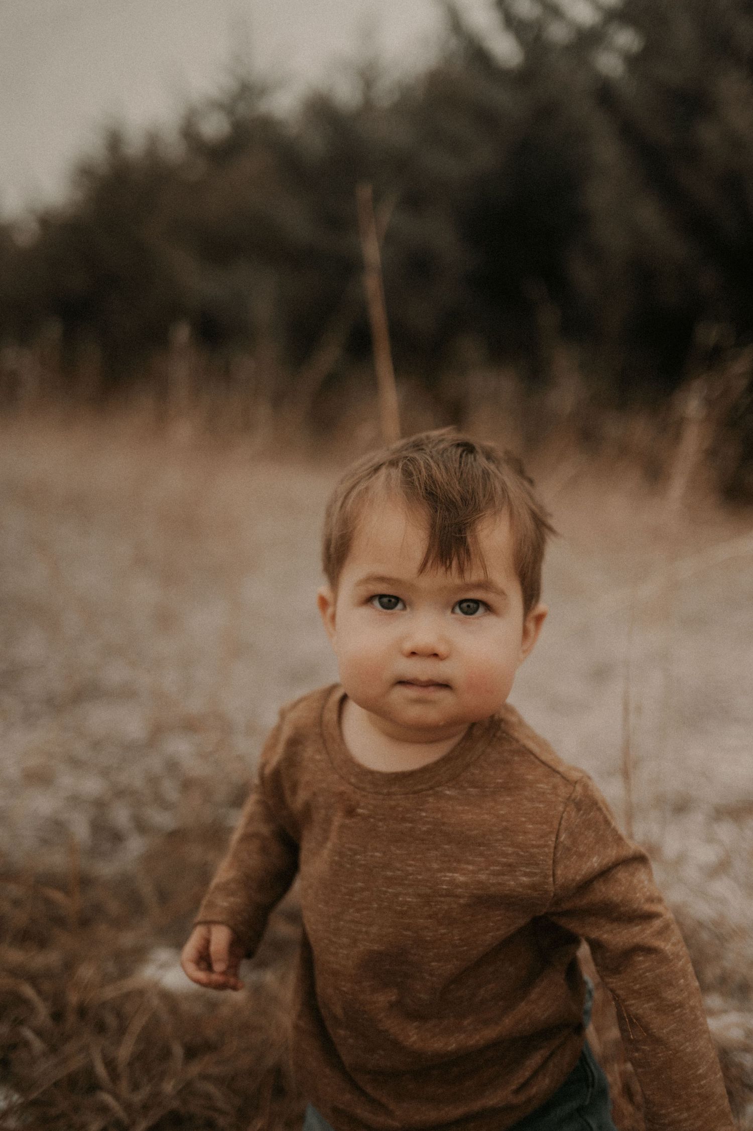 A child in a brown sweater is shown in a series of candid outdoor portraits with a moody, sepia-toned aesthetic.