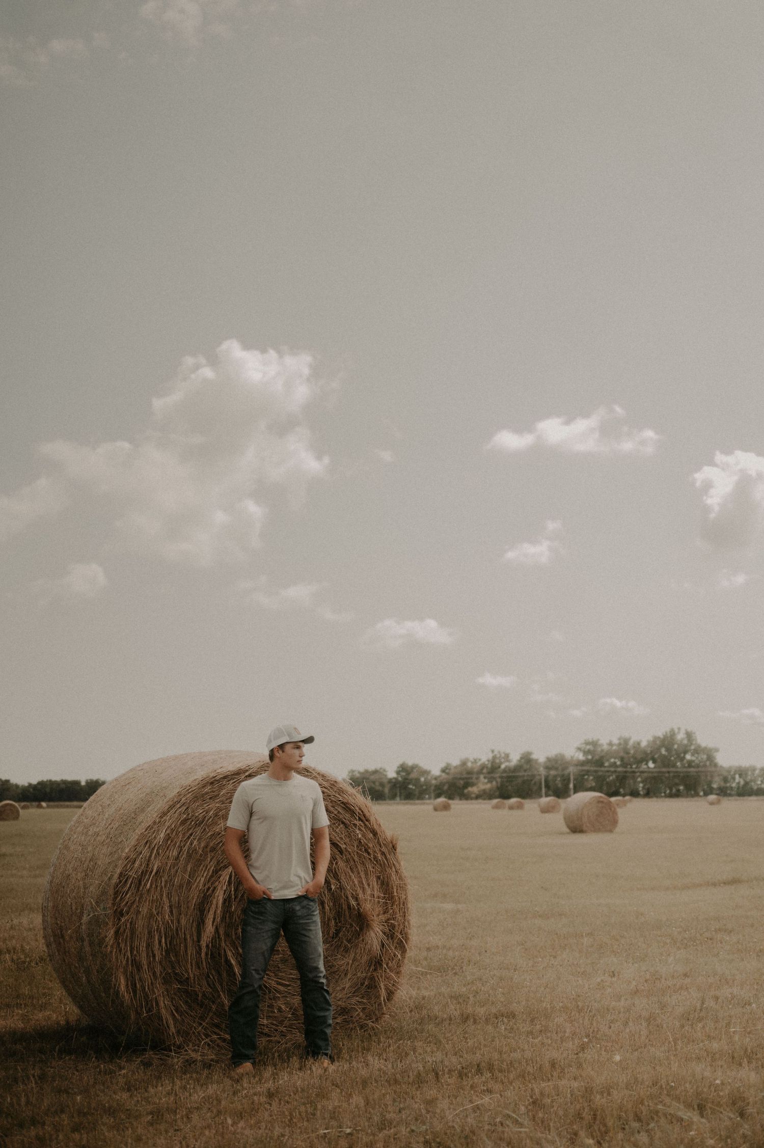 Rural landscape with hay bales scattered across a field under a cloudy sky.