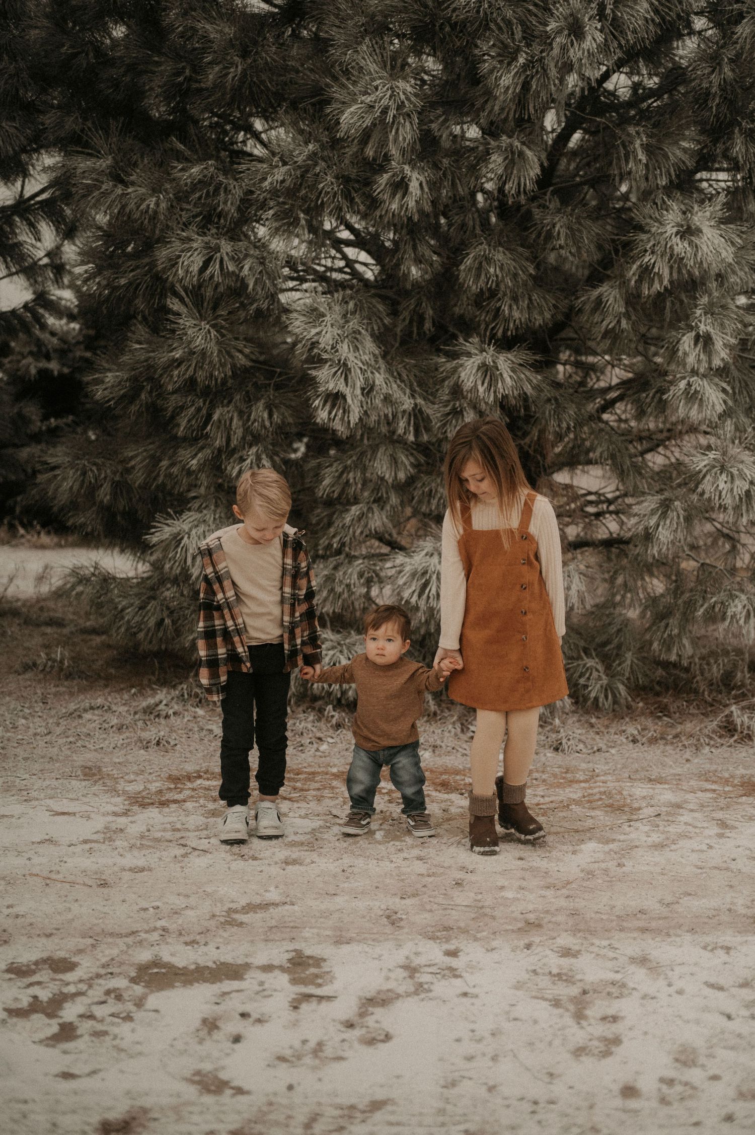 Three small children in winter outfits and brown overalls play in the snowy forest landscape.