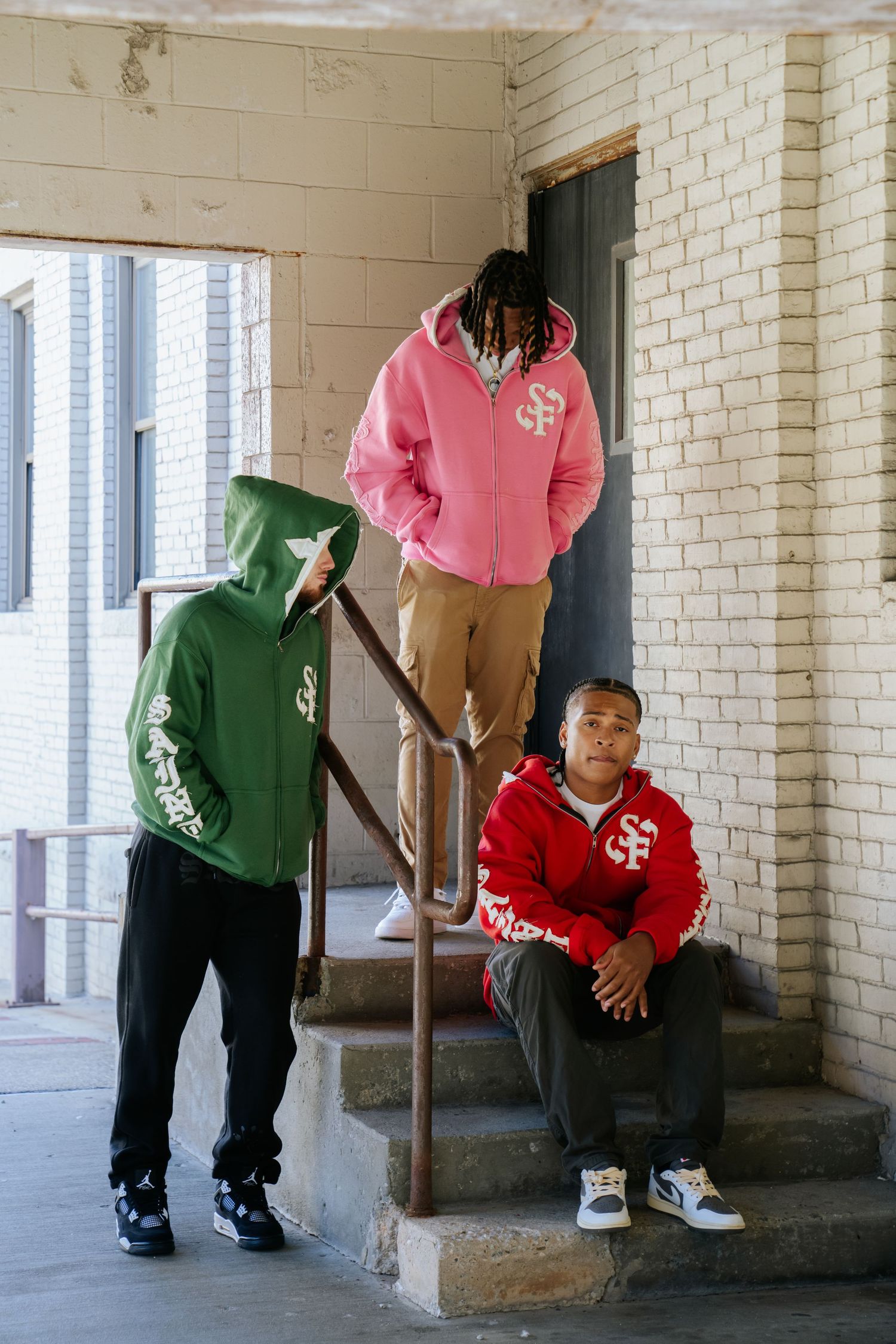 Series of photos showing people in colorful casual wear standing against a white brick wall. Greater Boston Area photographer, Malden MA.