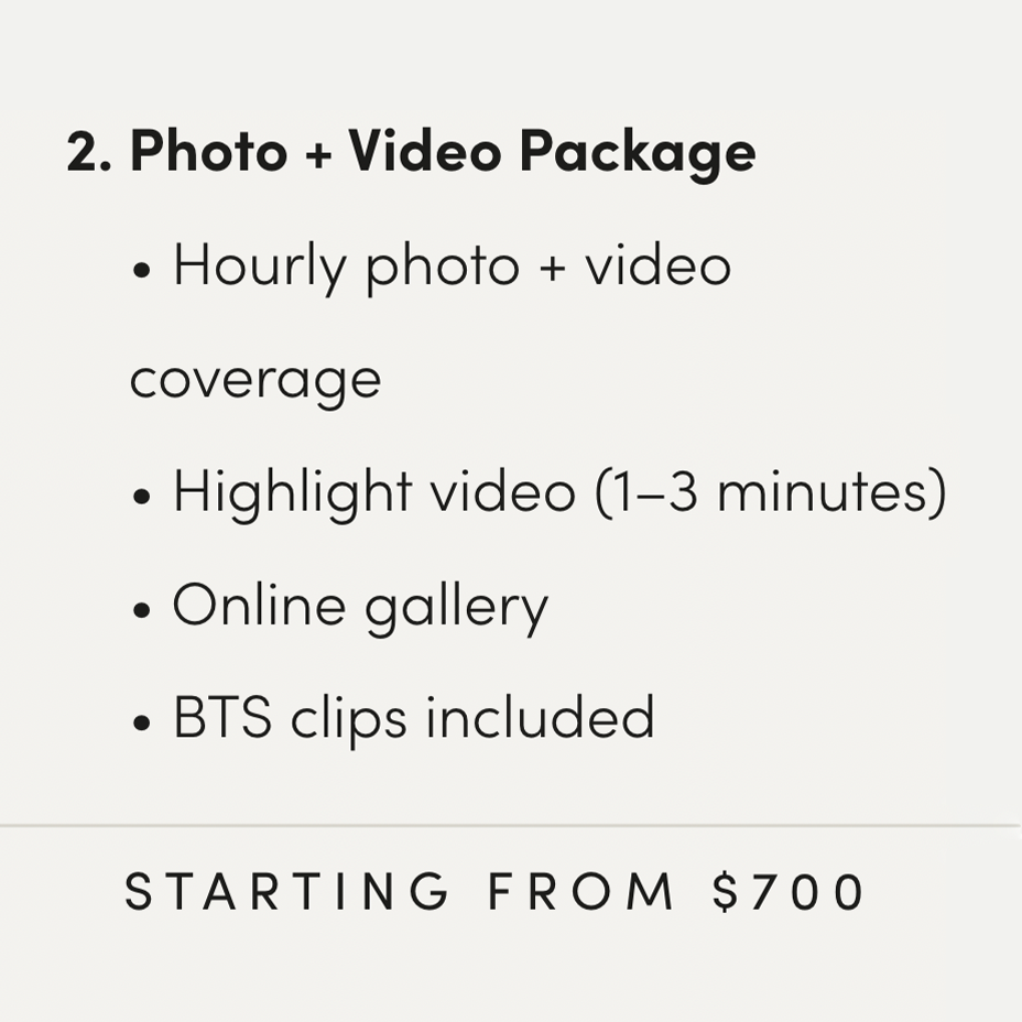 Photography package details showing photo and video services with hourly coverage and highlight options. Boston MA photographer, Malden MA.